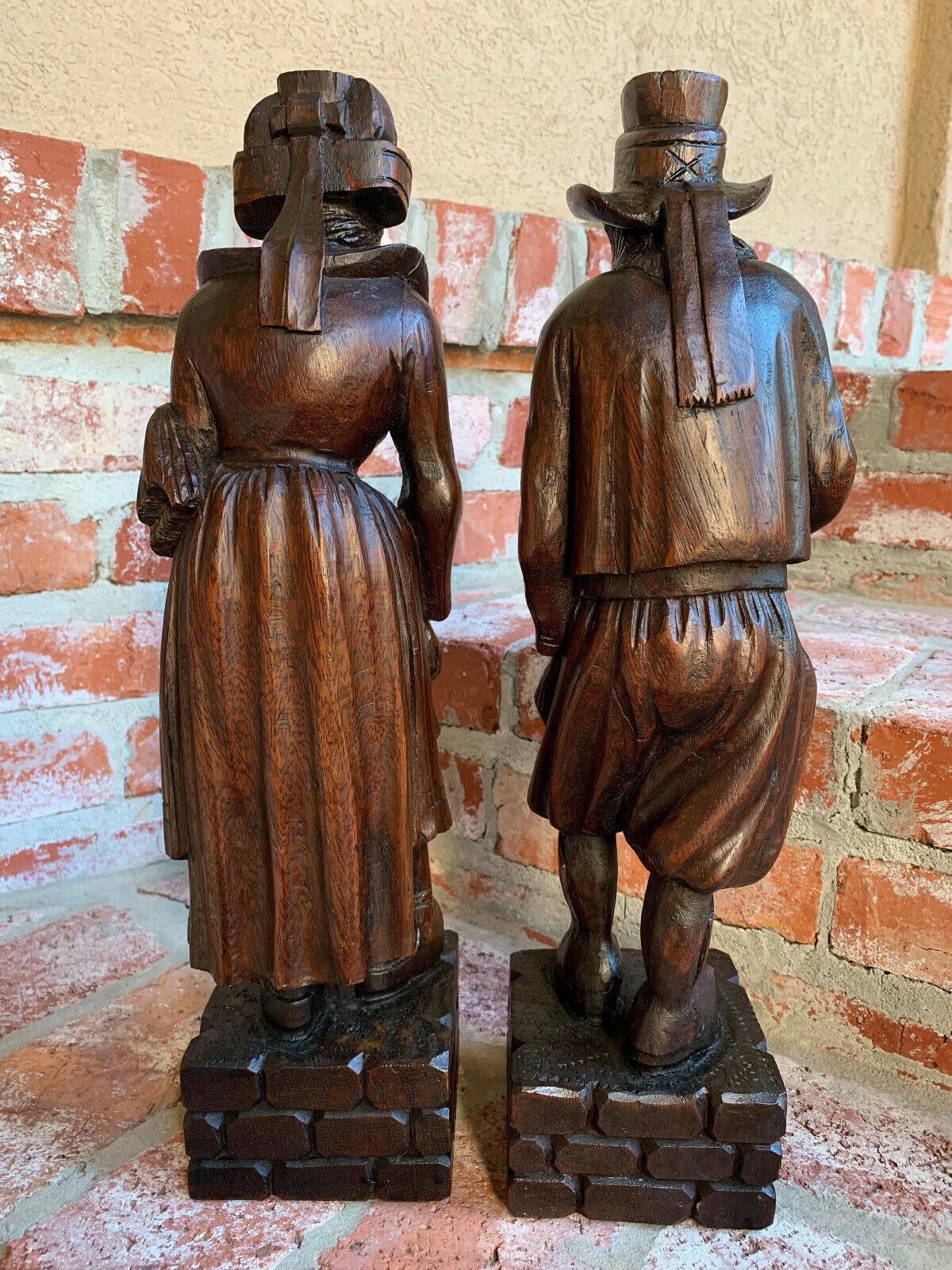 PAIR Set Antique Carved Wood French Breton Brittany Statue Figurine Celtic Farm In Good Condition In Shreveport, LA