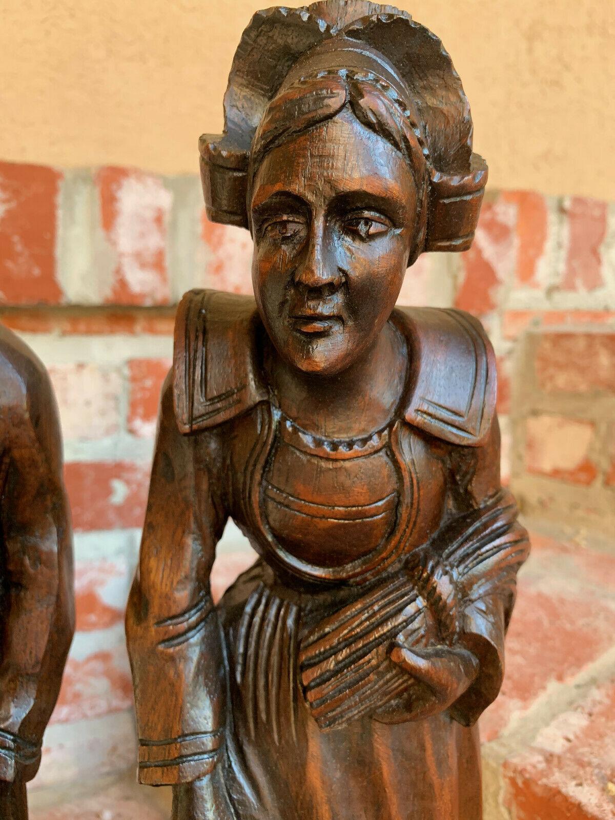 PAIR Set Antique Carved Wood French Breton Brittany Statue Figurine Celtic Farm 2