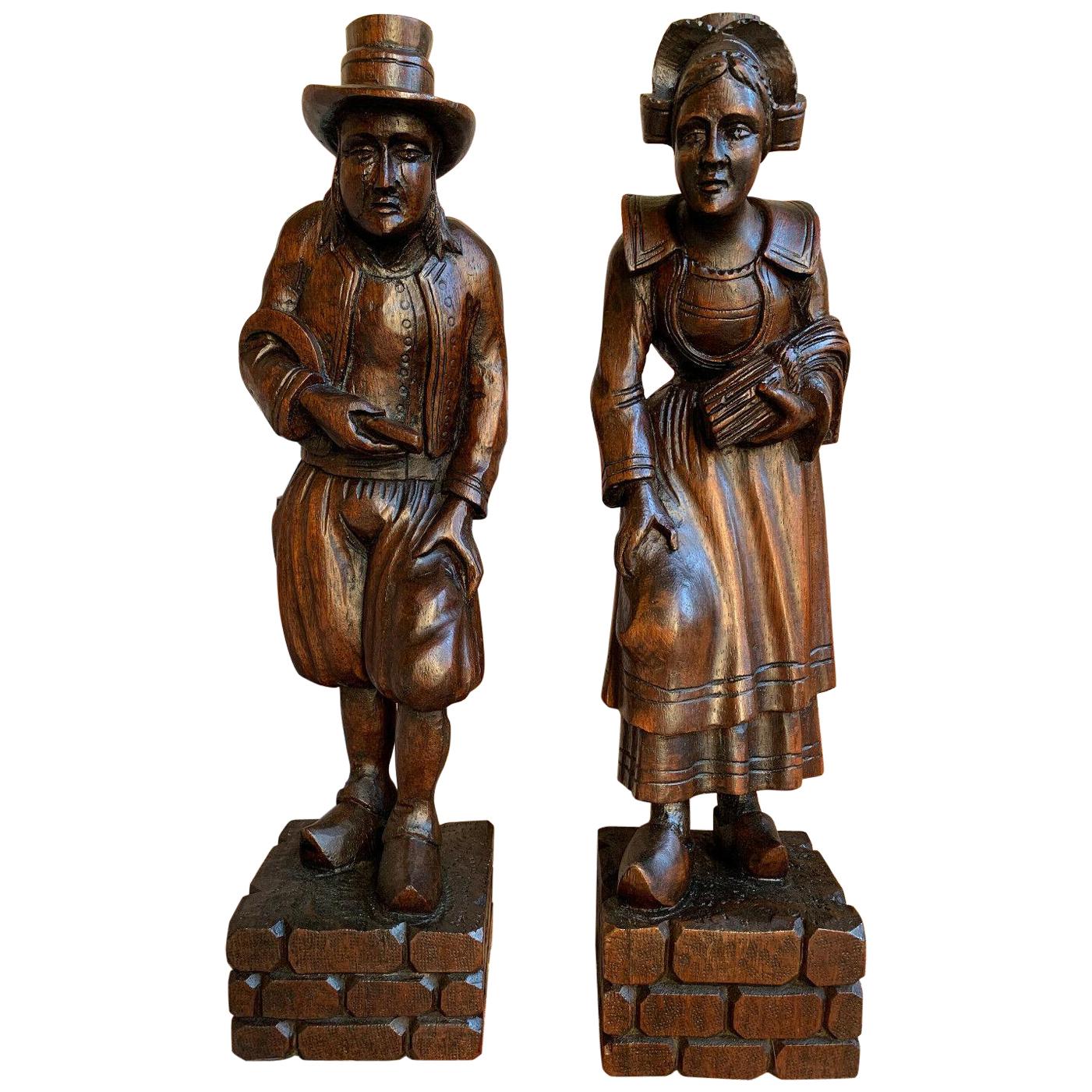 PAIR Set Antique Carved Wood French Breton Brittany Statue Figurine Celtic Farm