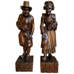 PAIR Set Antique Carved Wood French Breton Brittany Statue Figurine Celtic Farm