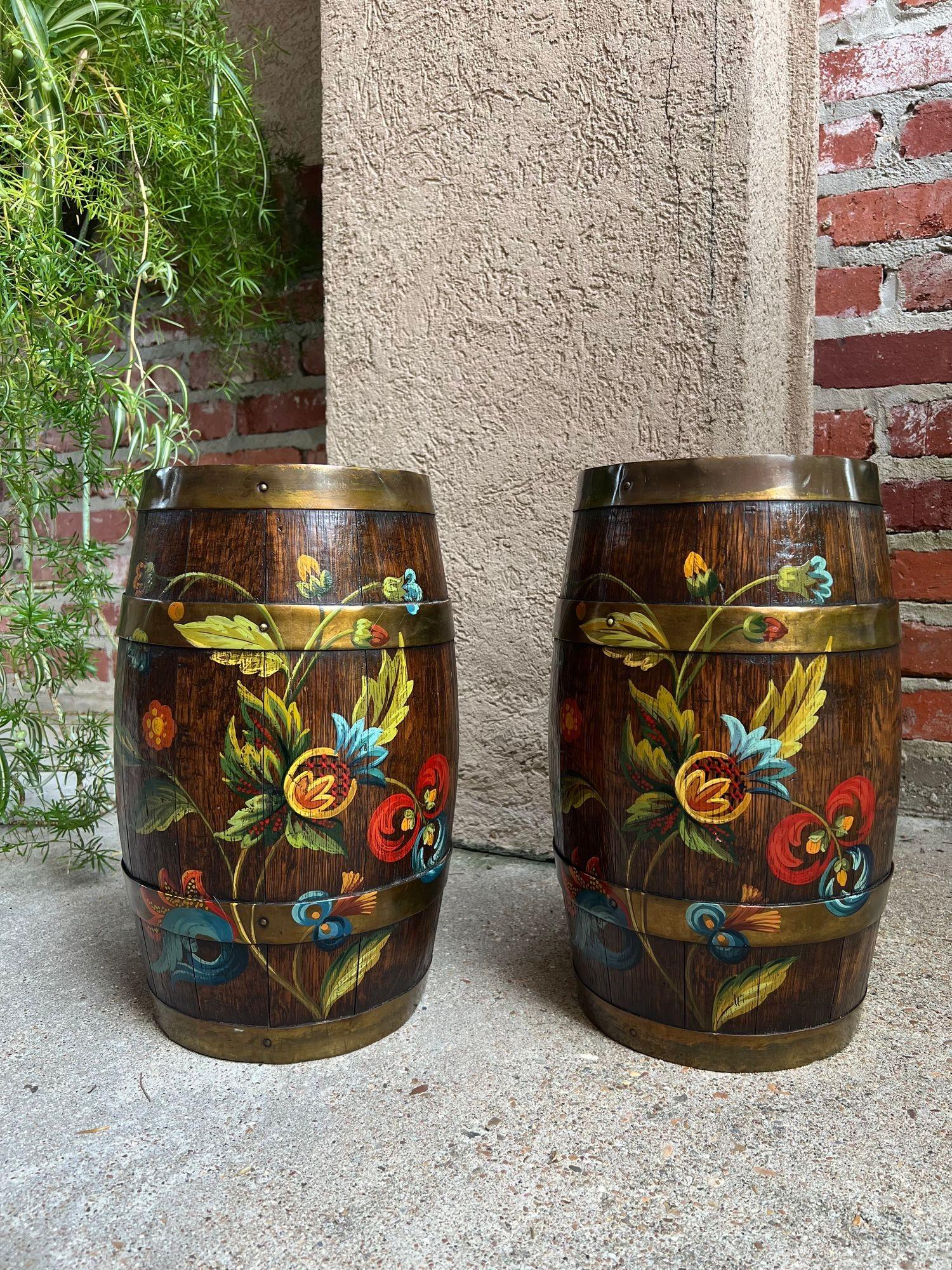 PAR Conjunto Antiguo Barril de Roble Inglés Jardinera Jardinera Rosemaling Pintado a Mano en venta 6