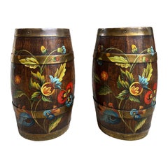 PAIR Set Antique English Oak Barrel Jardinière Planter Rosemaling Hand Painted