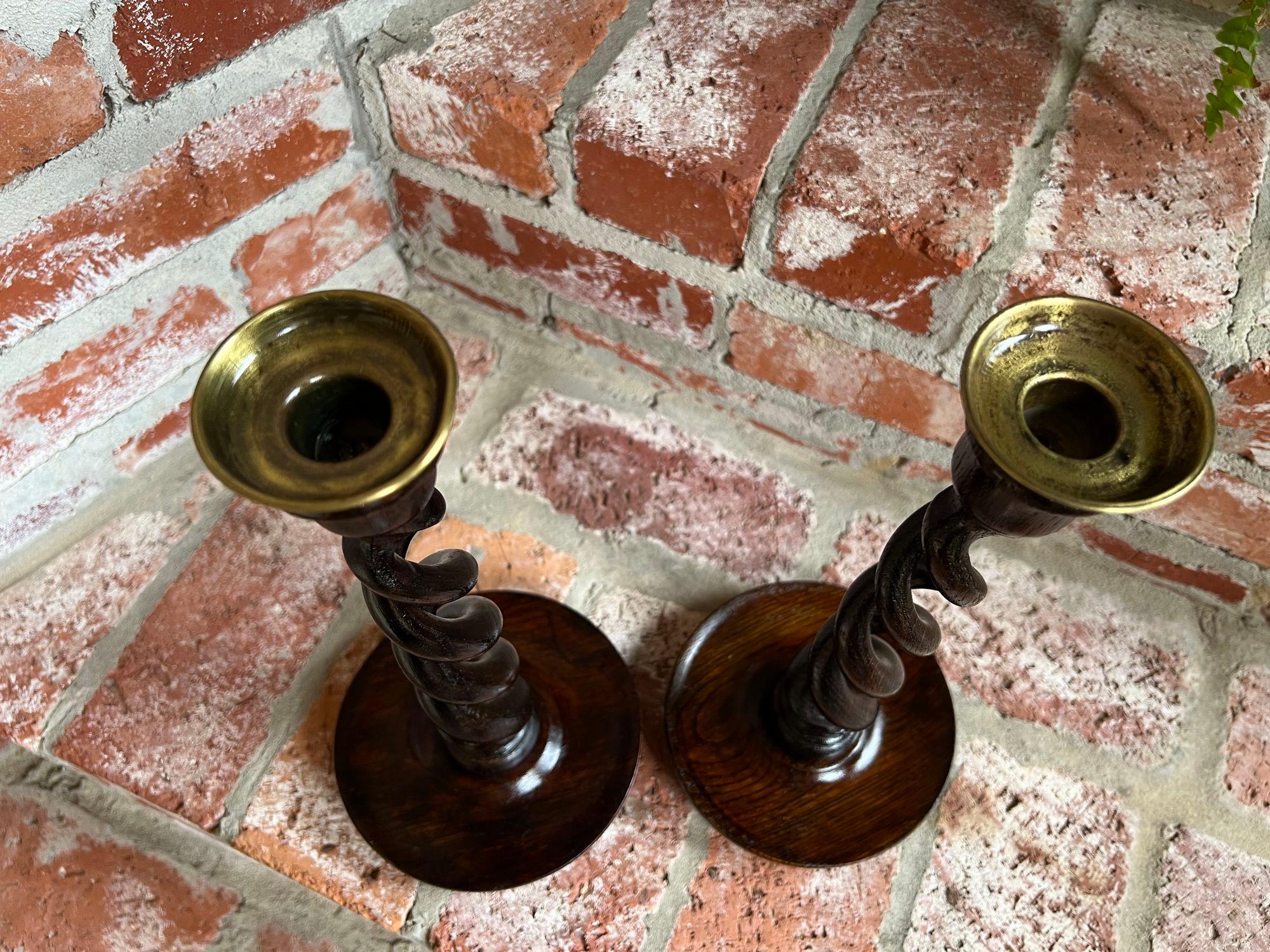 PAIR Set Antique English Oak OPEN Barley Twist Candlesticks Candle Holder Brass For Sale 4