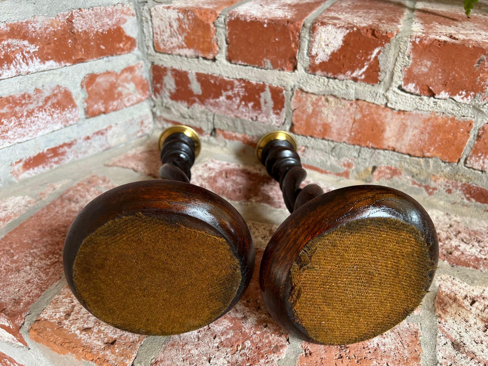 PAIR Set Antique English Oak OPEN Barley Twist Candlesticks Candle Holder Brass For Sale 6