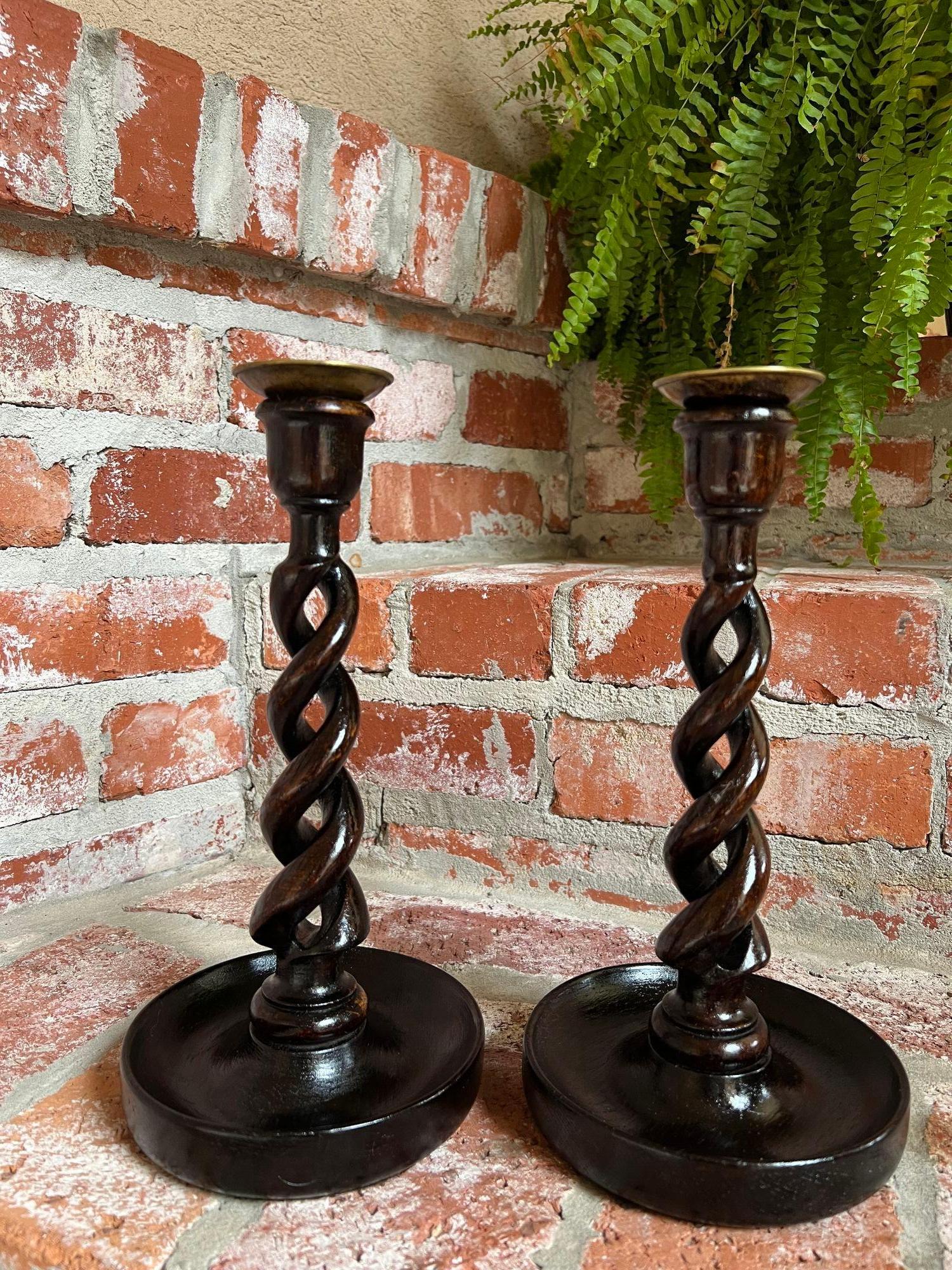 PAIR Set Antique English Oak OPEN Barley Twist Candlesticks Candle Holder Brass For Sale 7