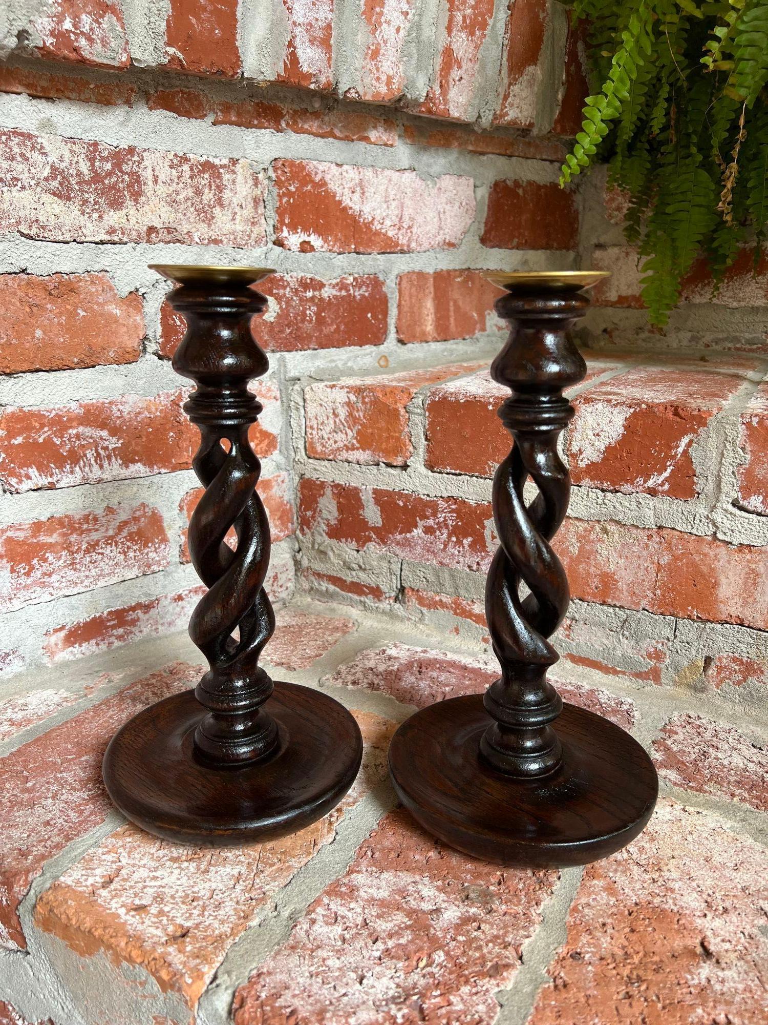 PAIR Set Antique English Oak OPEN Barley Twist Candlesticks Candle Holder Brass For Sale 7