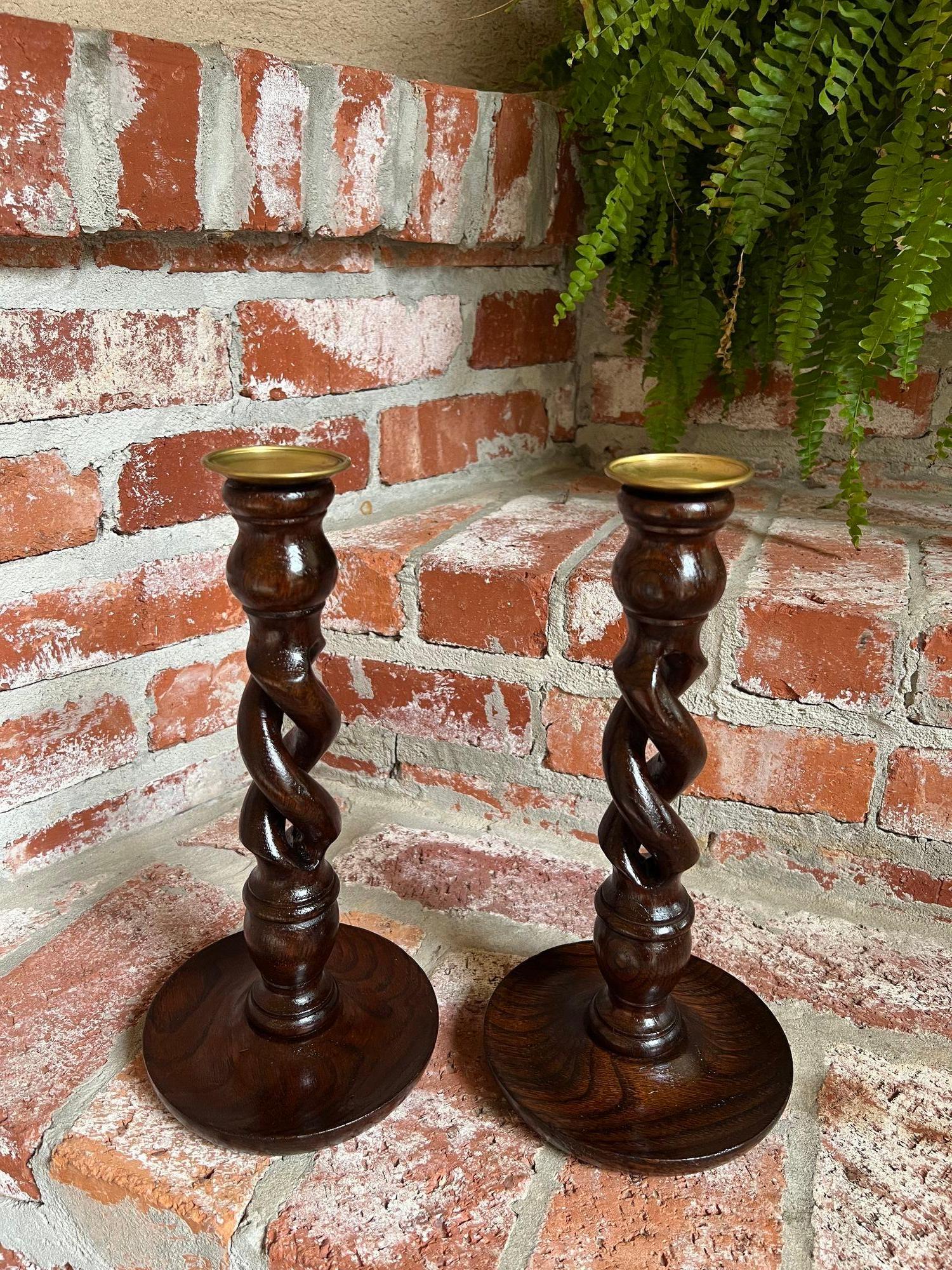 PAIR Set Antique English Oak OPEN Barley Twist Candlesticks Candle Holder Brass For Sale 8