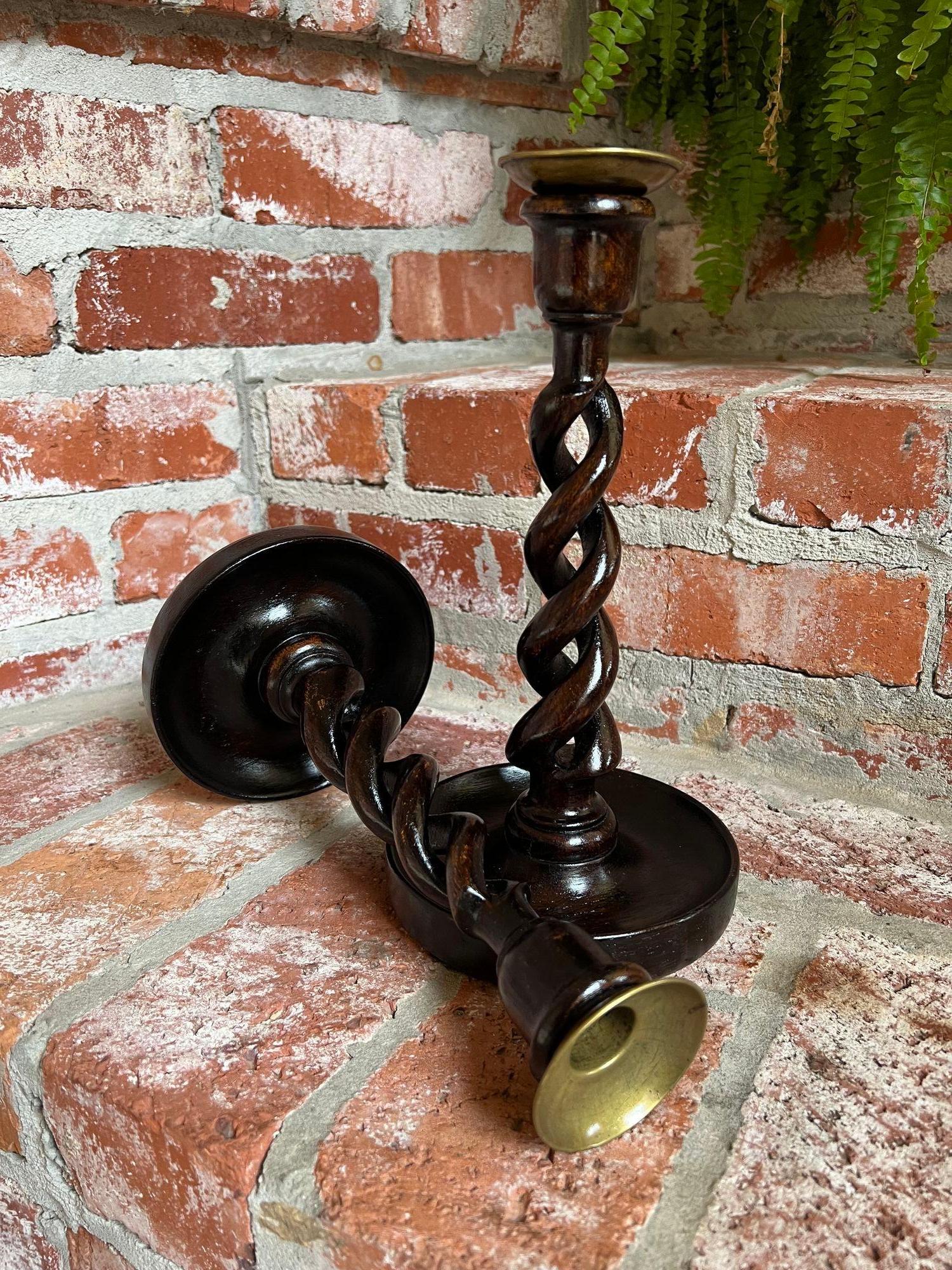 British PAIR Set Antique English Oak OPEN Barley Twist Candlesticks Candle Holder Brass For Sale