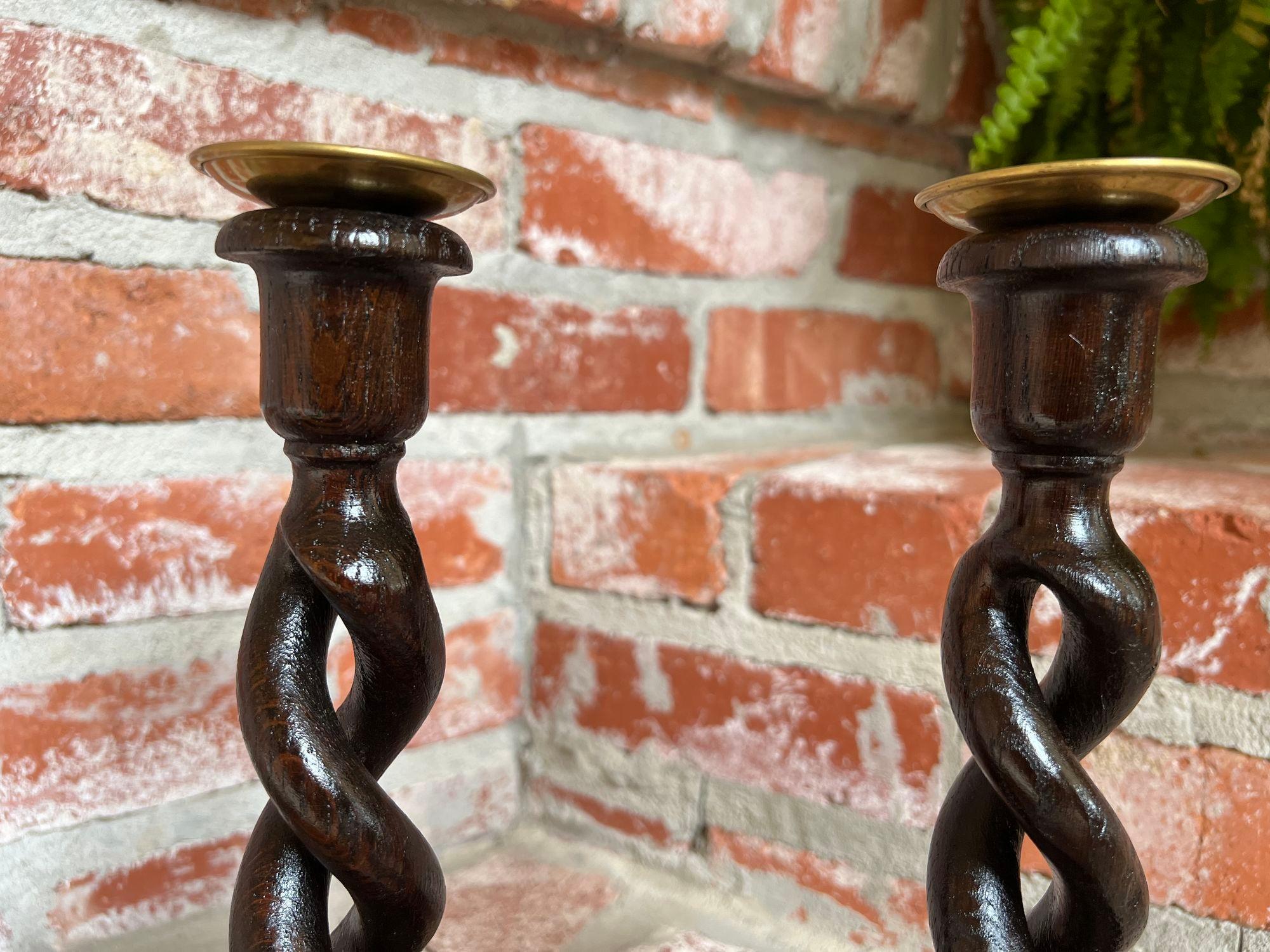 19th Century PAIR Set Antique English Oak OPEN Barley Twist Candlesticks Candle Holder Brass For Sale