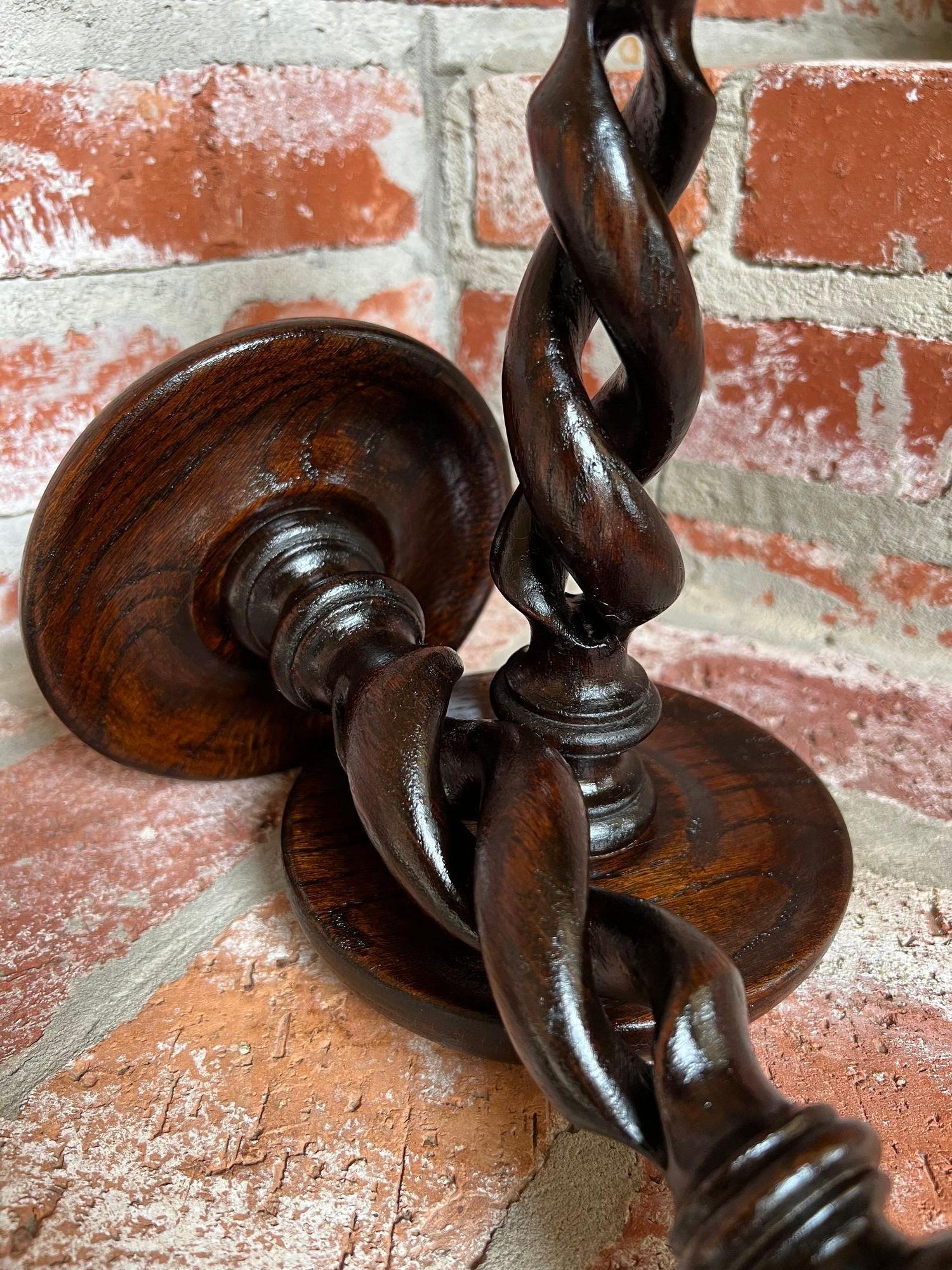 19th Century PAIR Set Antique English Oak OPEN Barley Twist Candlesticks Candle Holder Brass For Sale