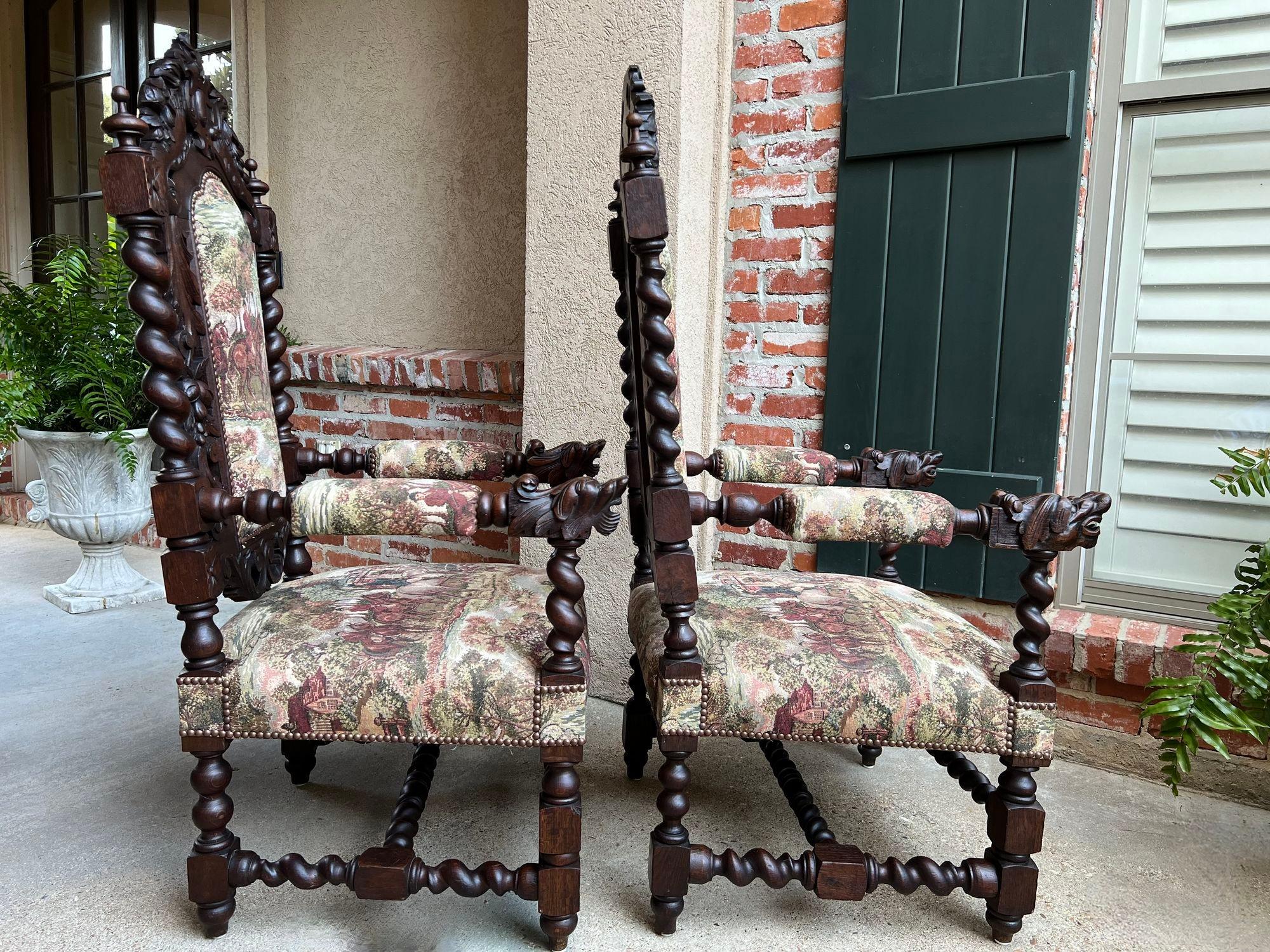PAIR Set Antique French Arm Chair Dining Fireside Barley Twist Horse Hunt Hounds 4