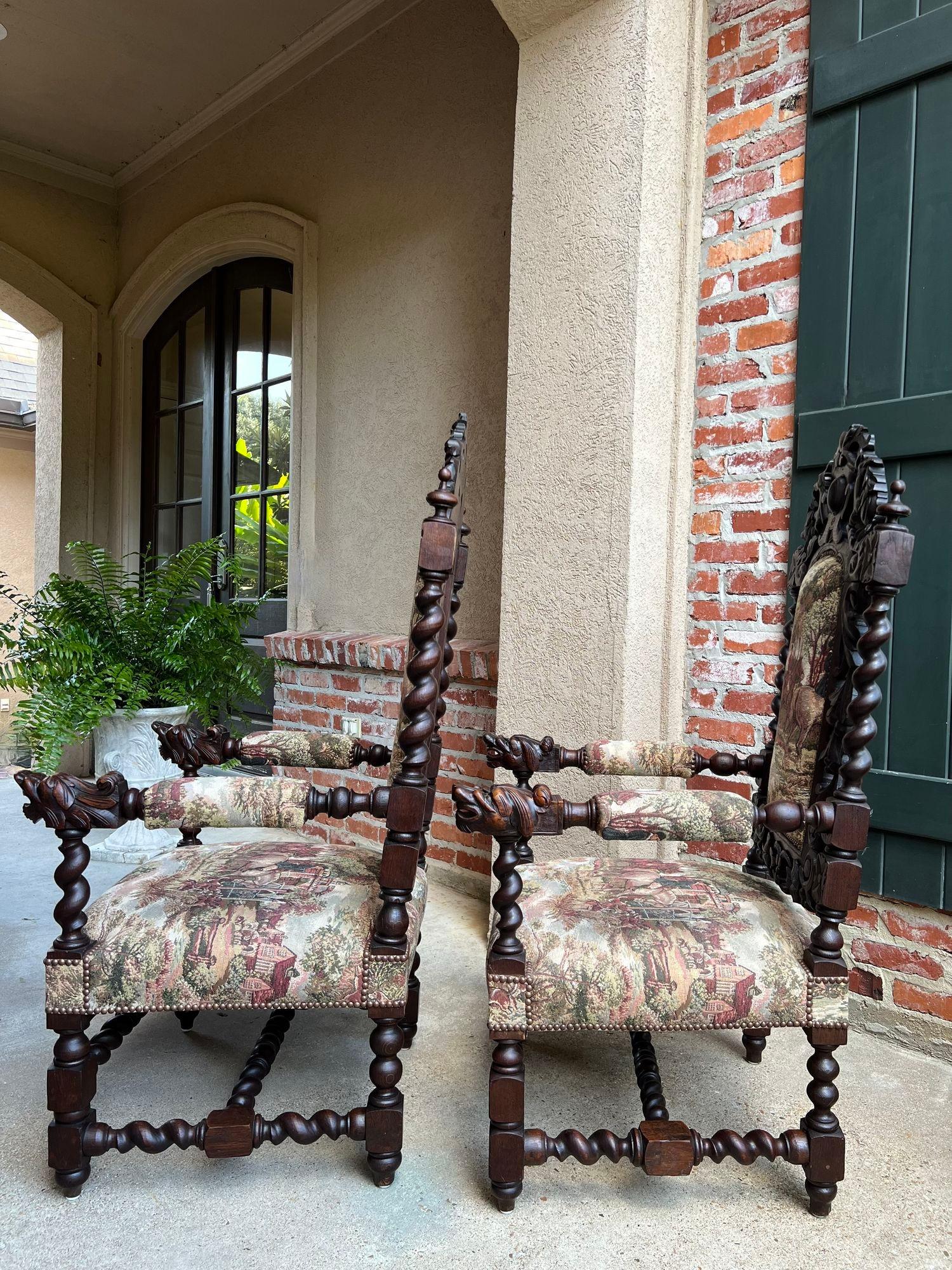 PAIR Set Antique French Arm Chair Dining Fireside Barley Twist Horse Hunt Hounds 5