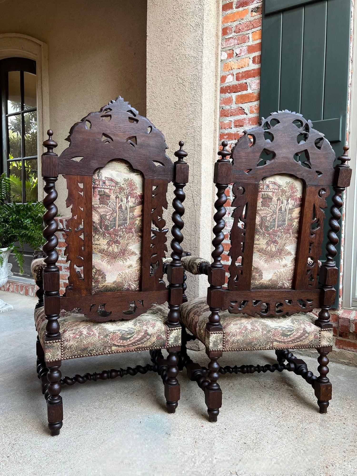 PAIR Set Antique French Arm Chair Dining Fireside Barley Twist Horse Hunt Hounds 6