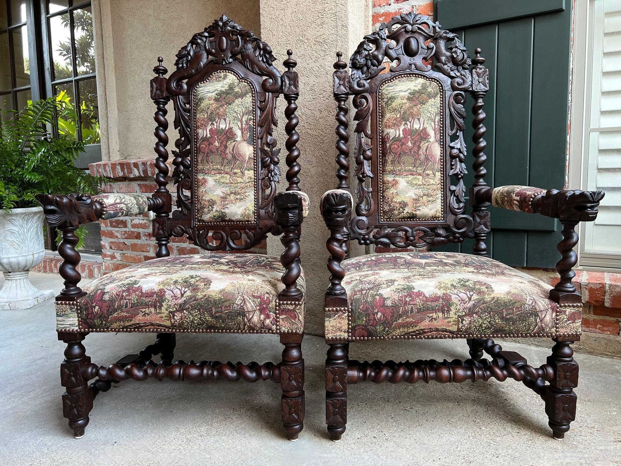 PAIR Set Antique French Arm Chair Dining Fireside Barley Twist Horse Hunt Hounds 7