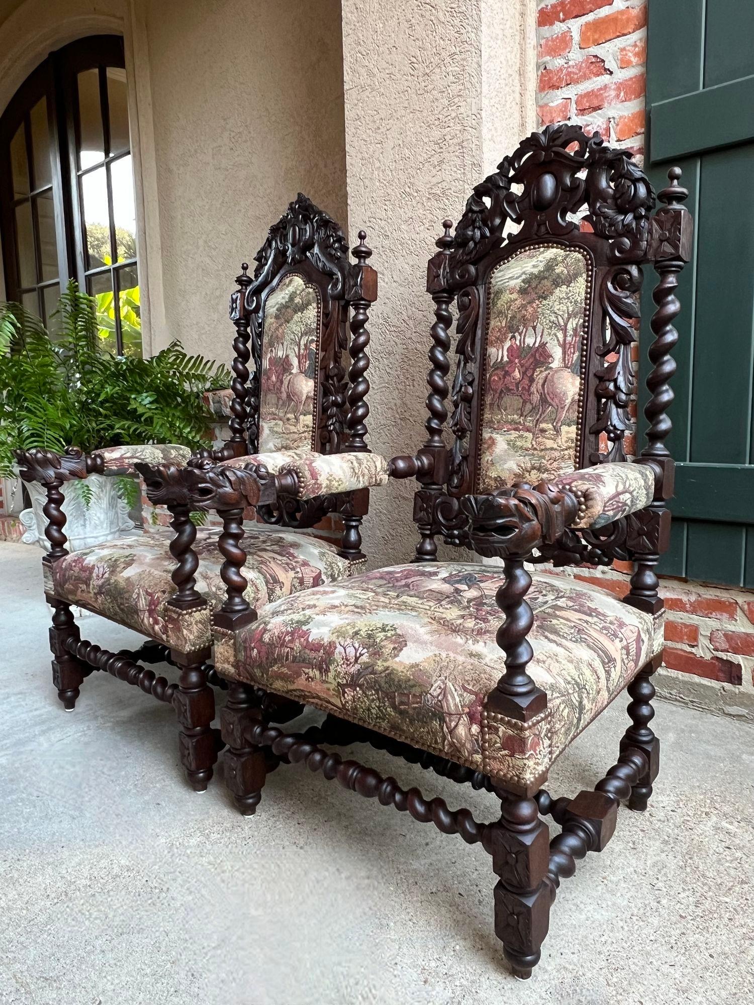 PAIR Set Antique French Arm Chair Dining Fireside Barley Twist Horse Hunt Hounds 8