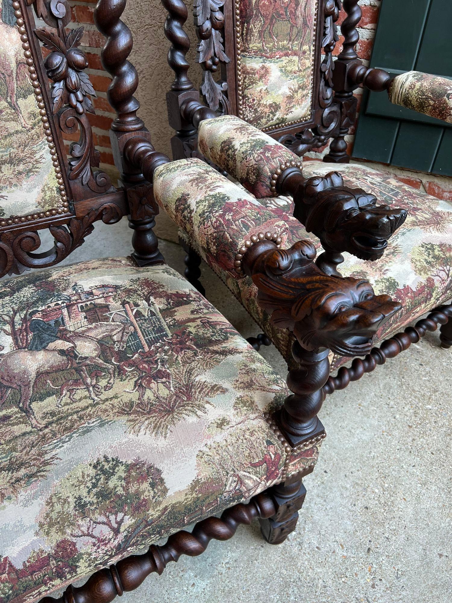 PAIR Set Antique French Arm Chair Dining Fireside Barley Twist Horse Hunt Hounds 9