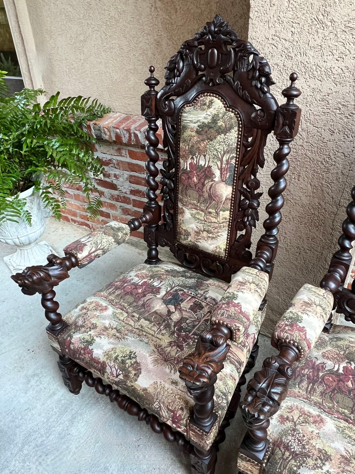 PAIR Set Antique French Arm Chair Dining Fireside Barley Twist Horse Hunt Hounds 10