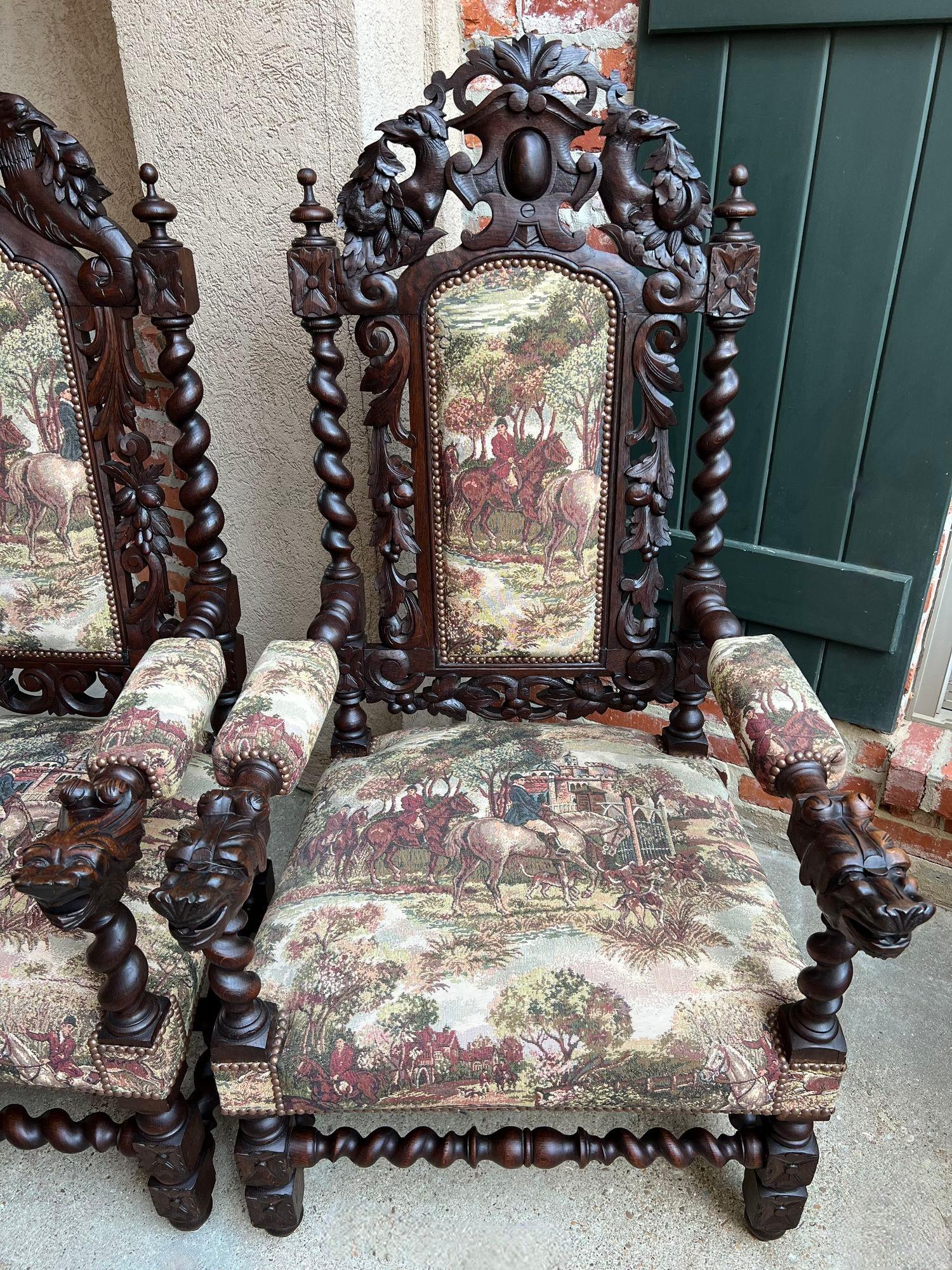 PAIR Set Antique French Arm Chair Dining Fireside Barley Twist Horse Hunt Hounds 11