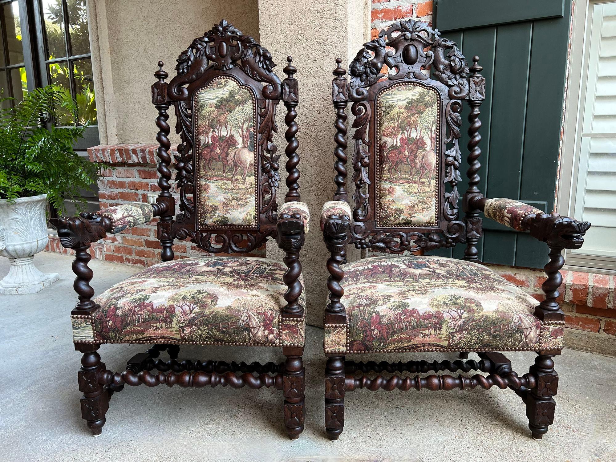 PAIR Set Antique French Arm Chair Dining Fireside Barley Twist Horse Hunt Hounds.

Direct from France, a stunning PAIR of antique French armchairs with quite a stately presence, definitely in the “fireside” or “throne” category!

Their majestic