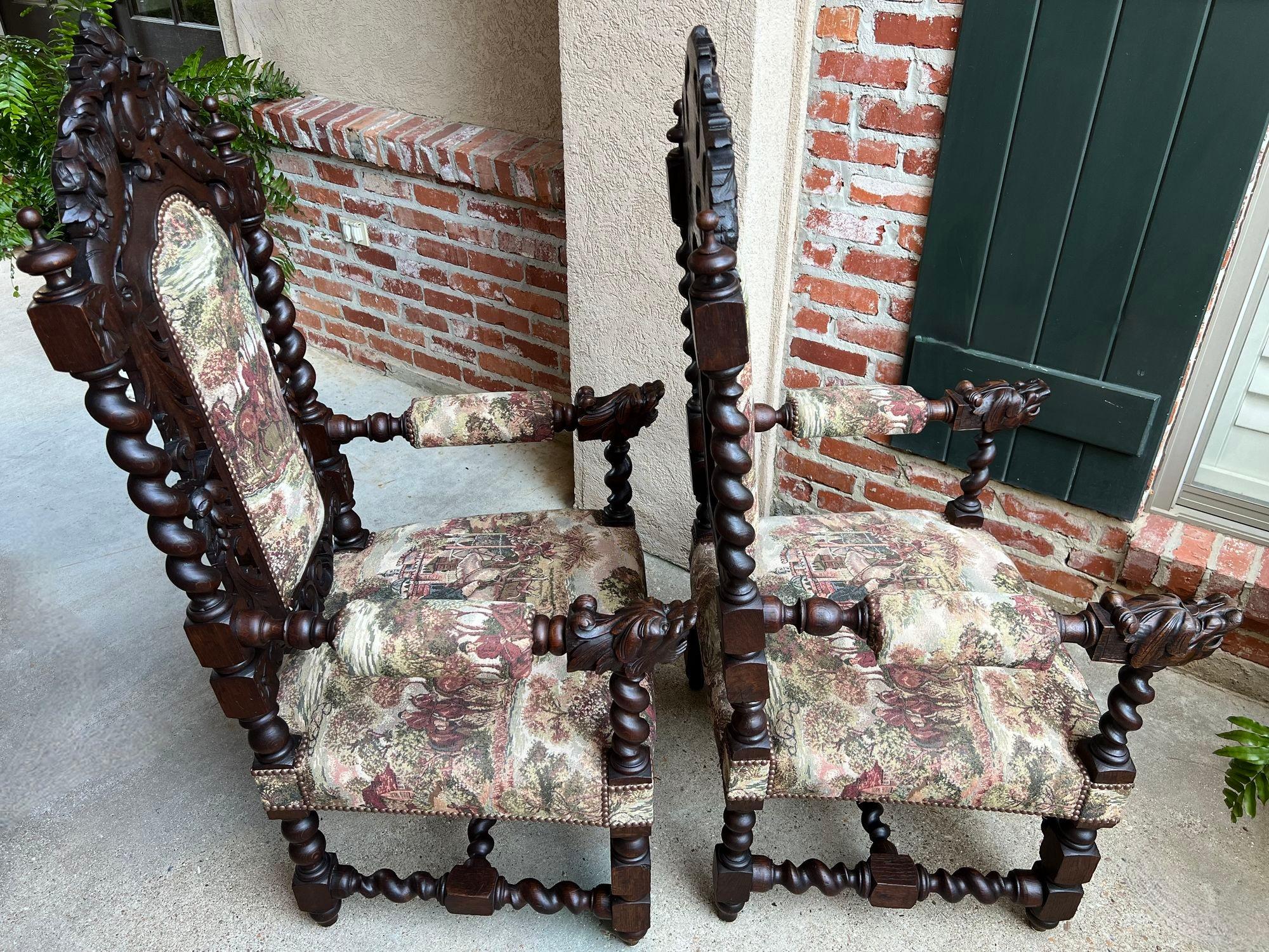 PAIR Set Antique French Arm Chair Dining Fireside Barley Twist Horse Hunt Hounds 14