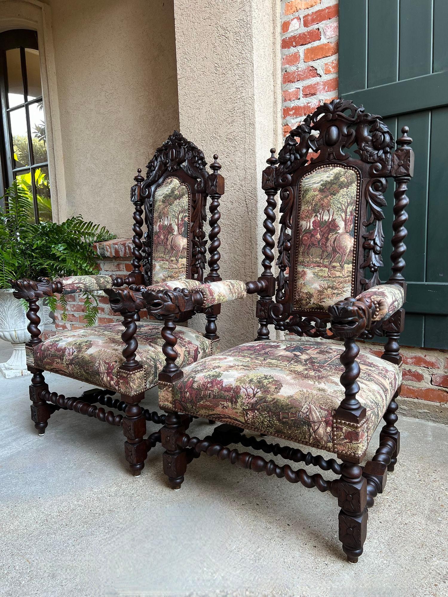 Hand-Carved PAIR Set Antique French Arm Chair Dining Fireside Barley Twist Horse Hunt Hounds