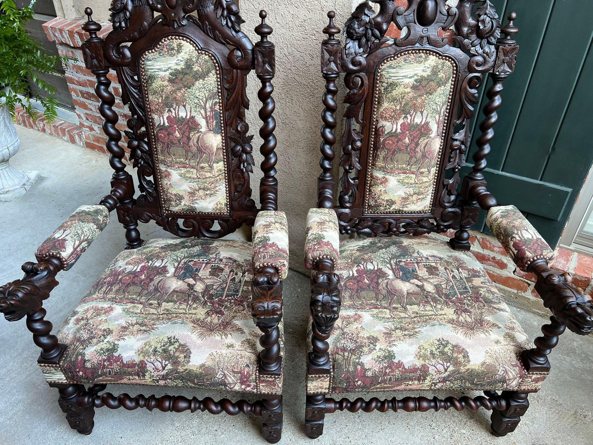 PAIR Set Antique French Arm Chair Dining Fireside Barley Twist Horse Hunt Hounds In Excellent Condition In Shreveport, LA