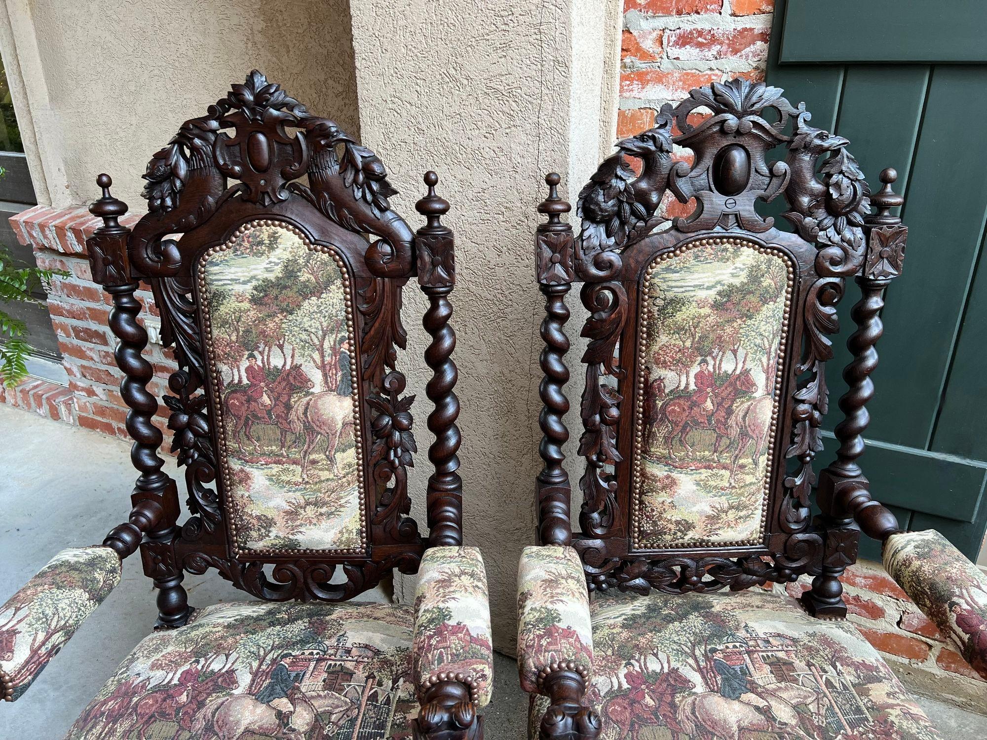 19th Century PAIR Set Antique French Arm Chair Dining Fireside Barley Twist Horse Hunt Hounds