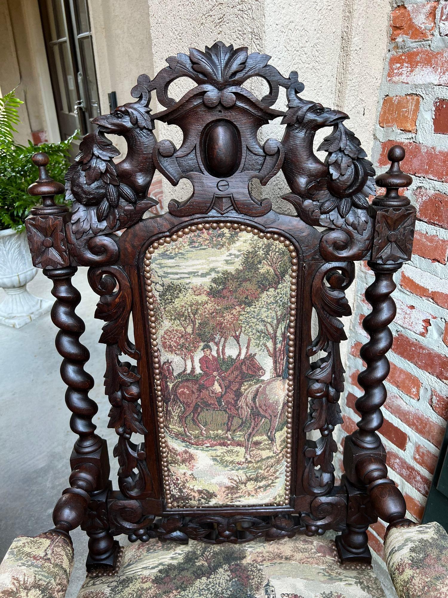 Upholstery PAIR Set Antique French Arm Chair Dining Fireside Barley Twist Horse Hunt Hounds