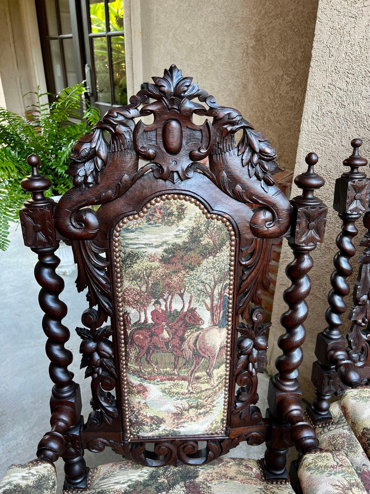 PAIR Set Antique French Arm Chair Dining Fireside Barley Twist Horse Hunt Hounds 1