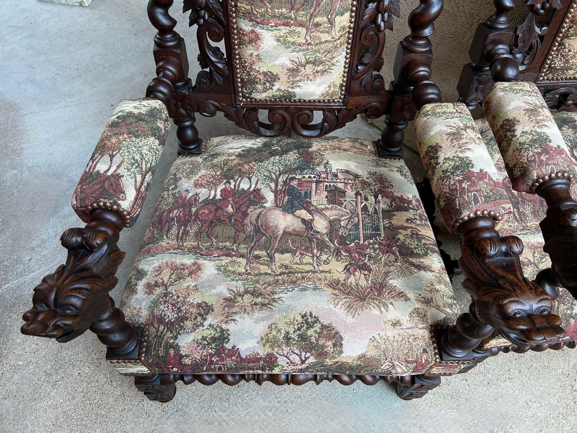 PAIR Set Antique French Arm Chair Dining Fireside Barley Twist Horse Hunt Hounds 2