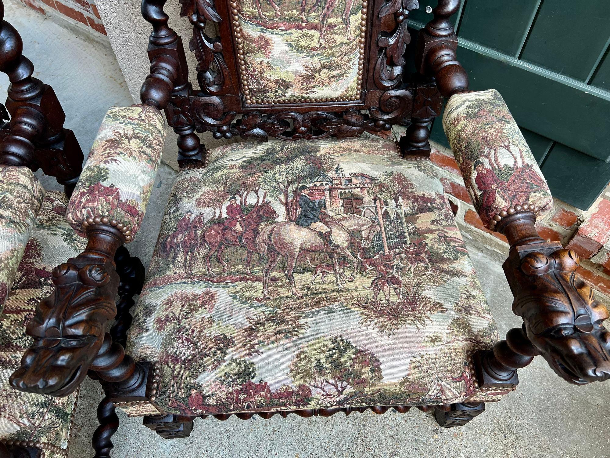PAIR Set Antique French Arm Chair Dining Fireside Barley Twist Horse Hunt Hounds 3