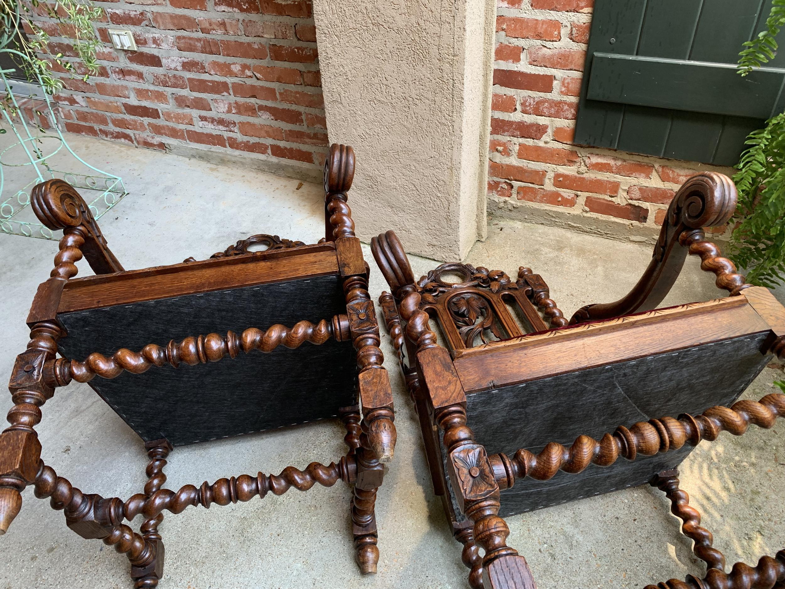 19th century PAIR French Carved Oak Arm Chair Barley Twist Louis XIII Throne 8