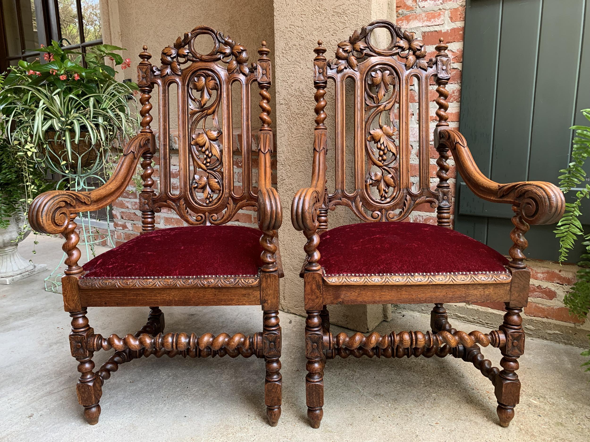 19th century PAIR French Carved Oak Arm Chair Barley Twist Louis XIII Throne 10