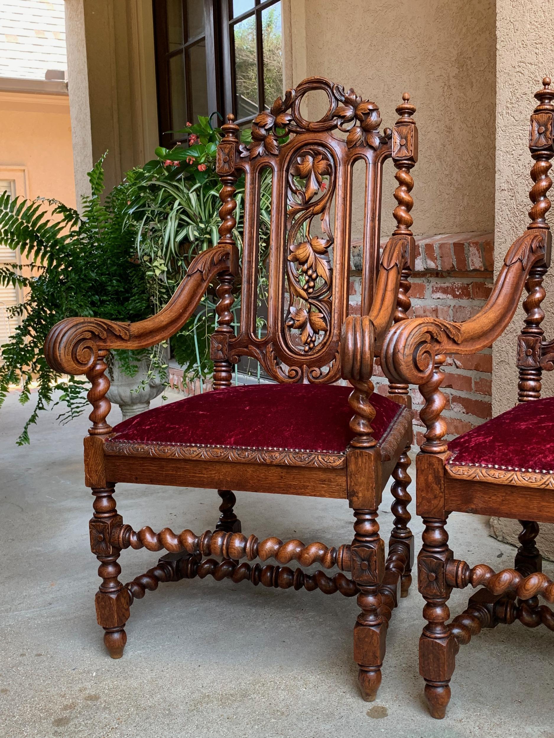 19th century PAIR French Carved Oak Arm Chair Barley Twist Louis XIII Throne 11