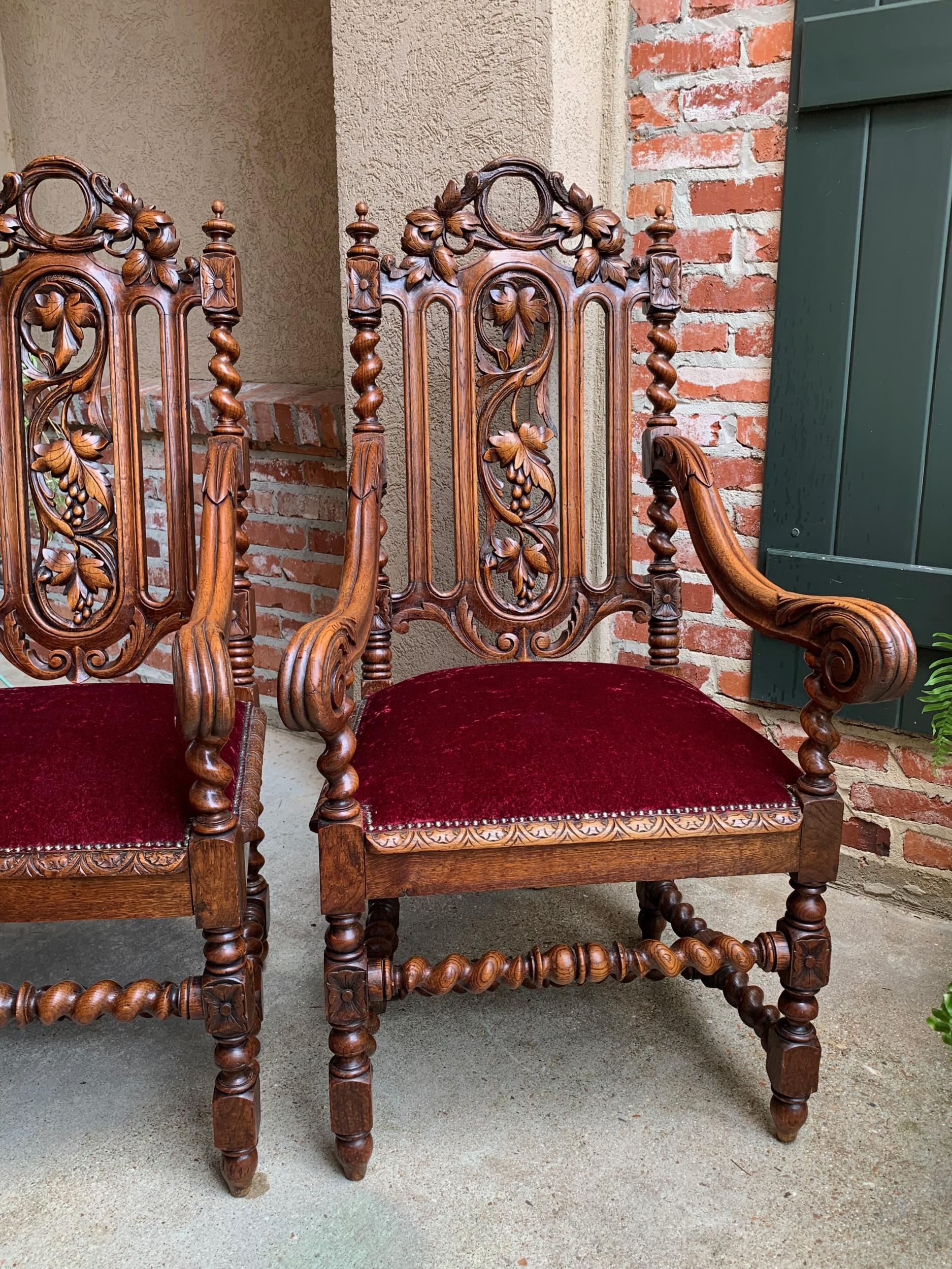 19th century PAIR French Carved Oak Arm Chair Barley Twist Louis XIII Throne 12