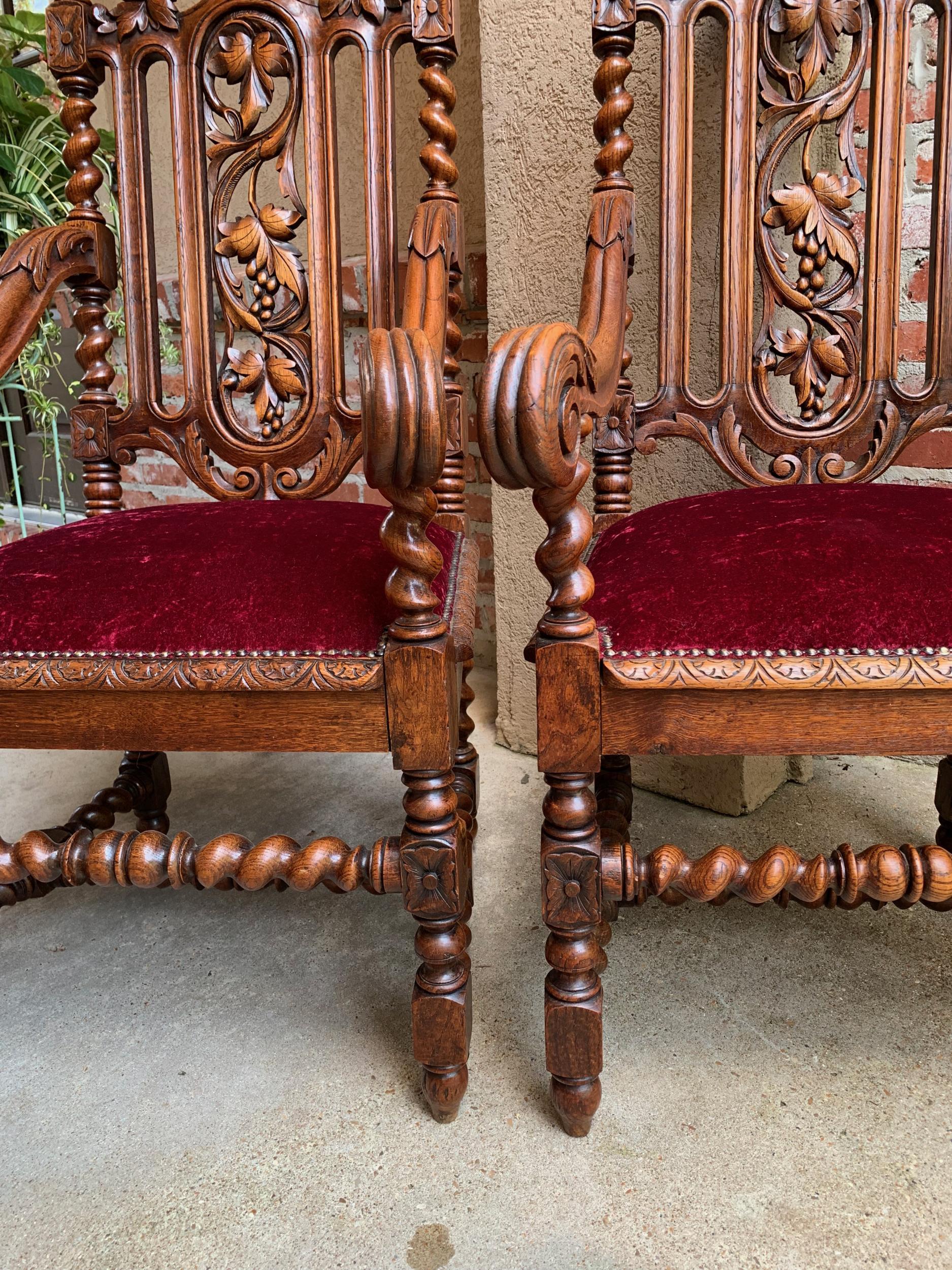 19th century PAIR French Carved Oak Arm Chair Barley Twist Louis XIII Throne 14