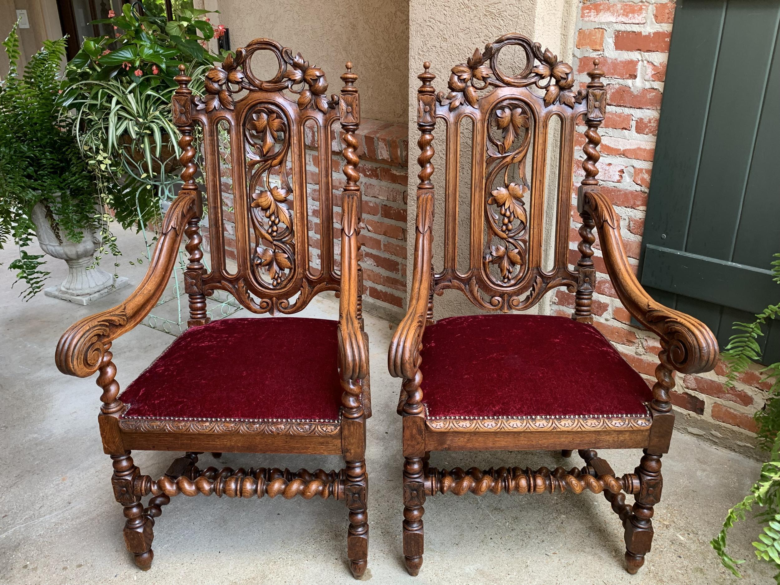 Pair or Set of Antique French Carved Oak Arm Chair Barley Twist Renaissance Louis XIII

~Direct from France~
~Pair of large antique French carved oak “throne” arm chairs, with stunning carved features~
~Open carved upper crown having carved twisted