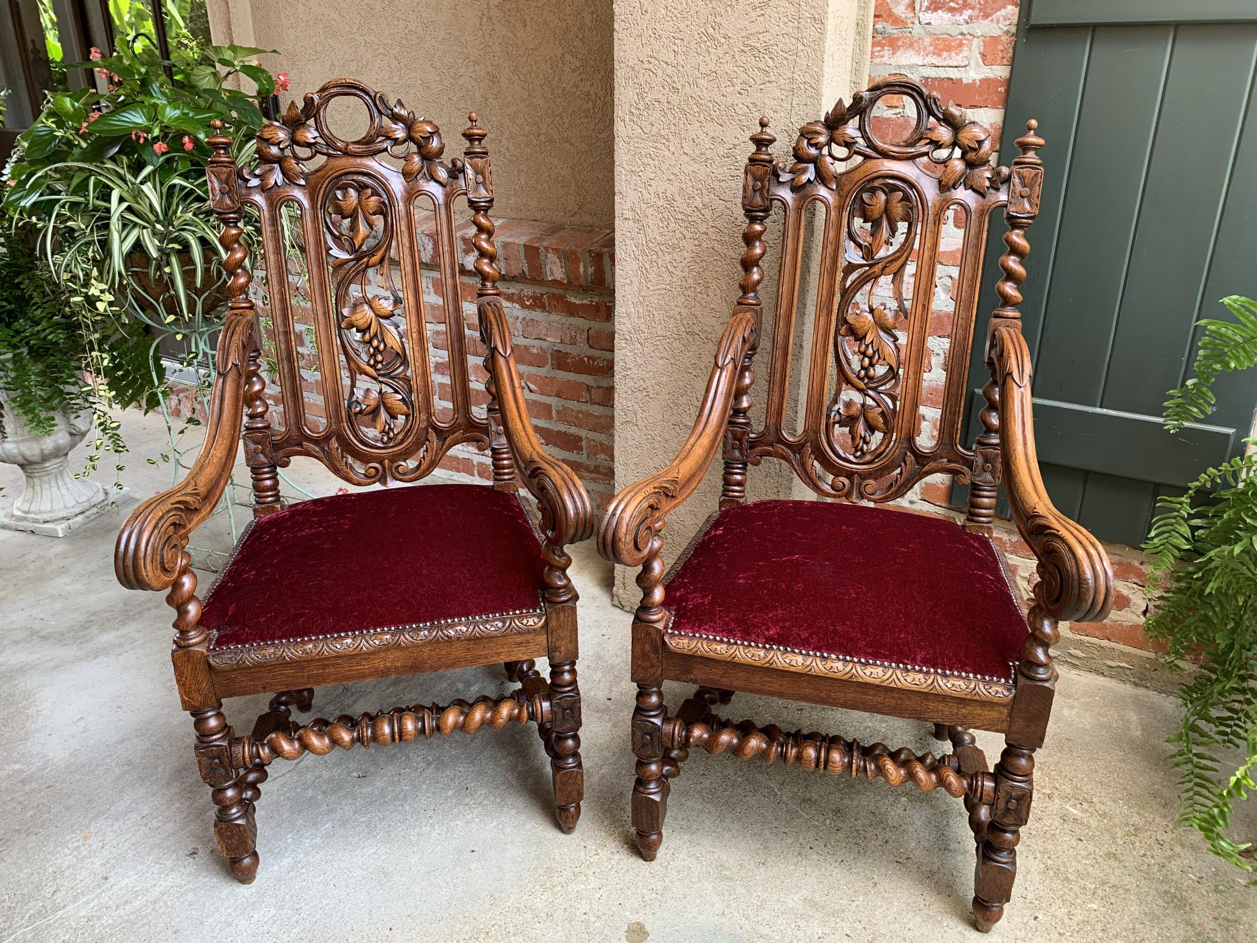 19th century PAIR French Carved Oak Arm Chair Barley Twist Louis XIII Throne In Good Condition In Shreveport, LA