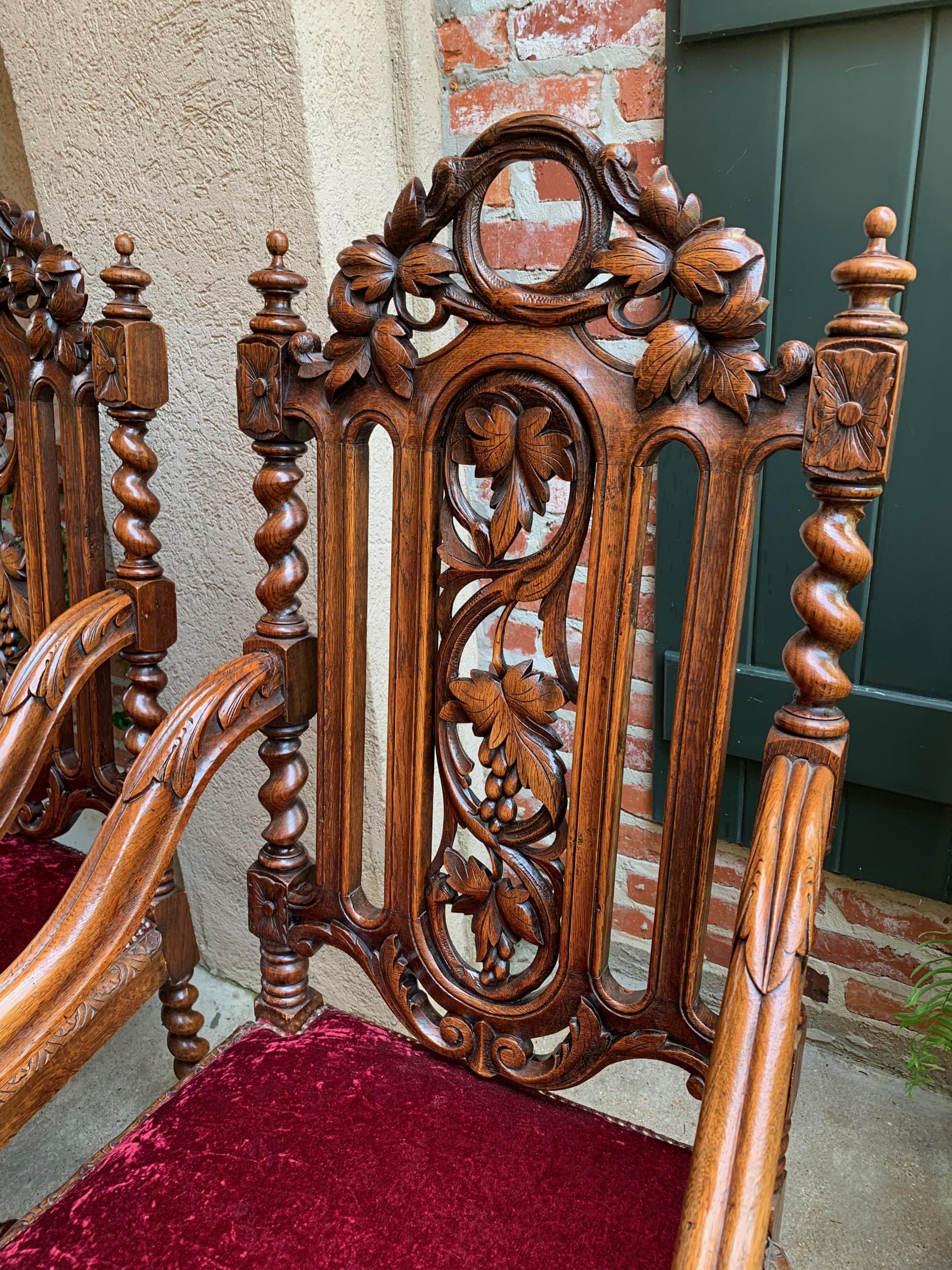 19th century PAIR French Carved Oak Arm Chair Barley Twist Louis XIII Throne 2