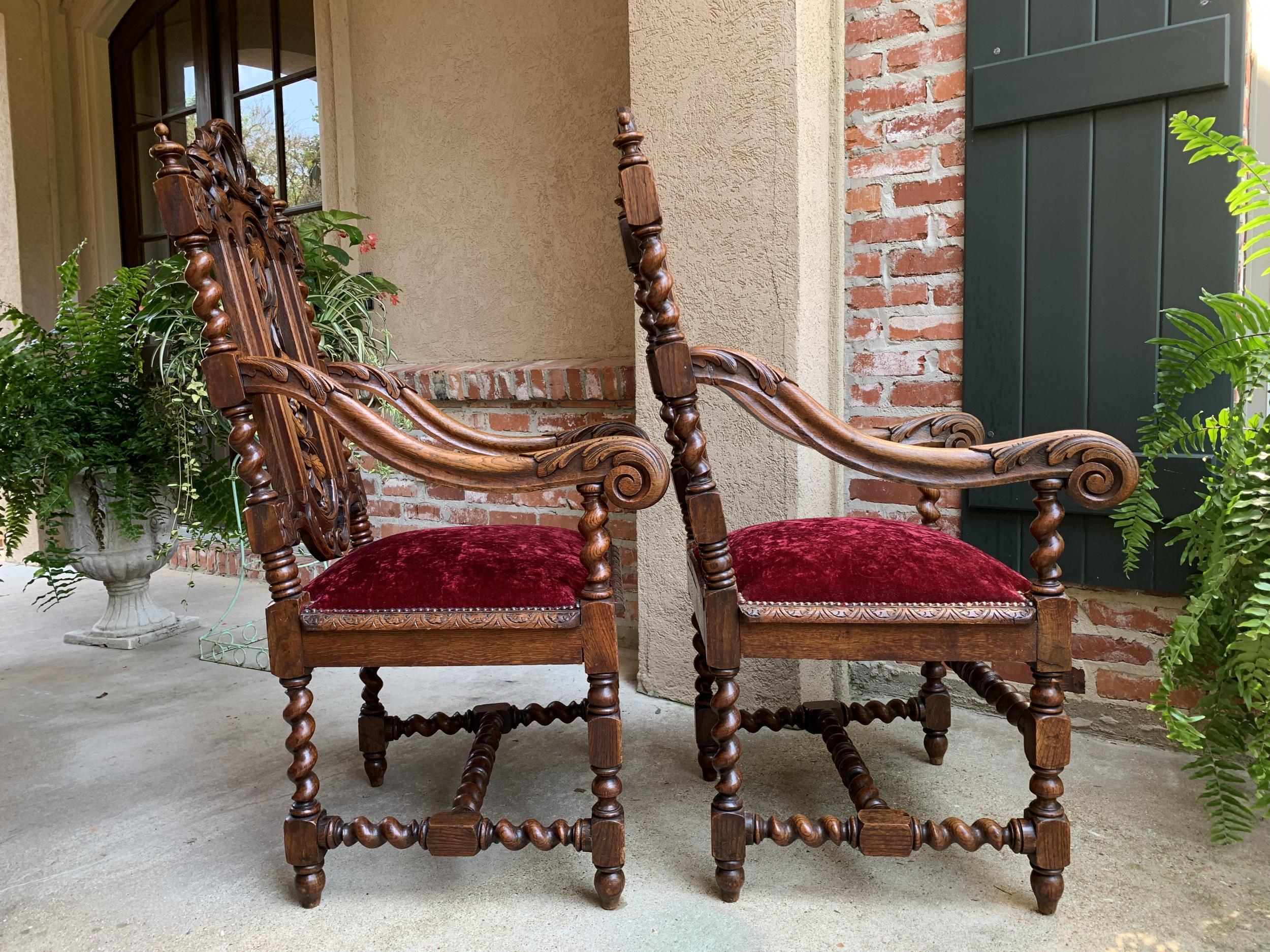 19th century PAIR French Carved Oak Arm Chair Barley Twist Louis XIII Throne 3