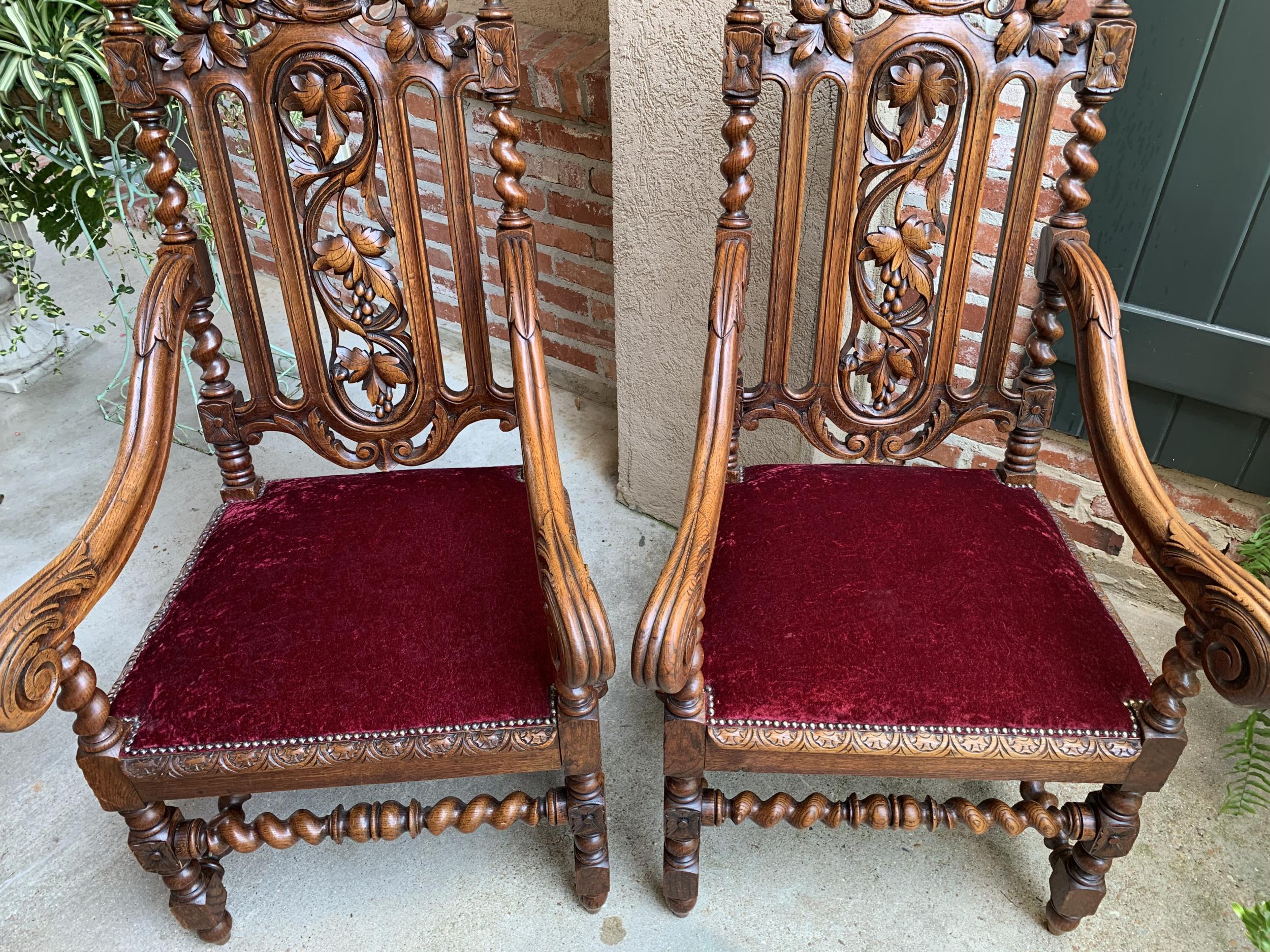 19th century PAIR French Carved Oak Arm Chair Barley Twist Louis XIII Throne 5