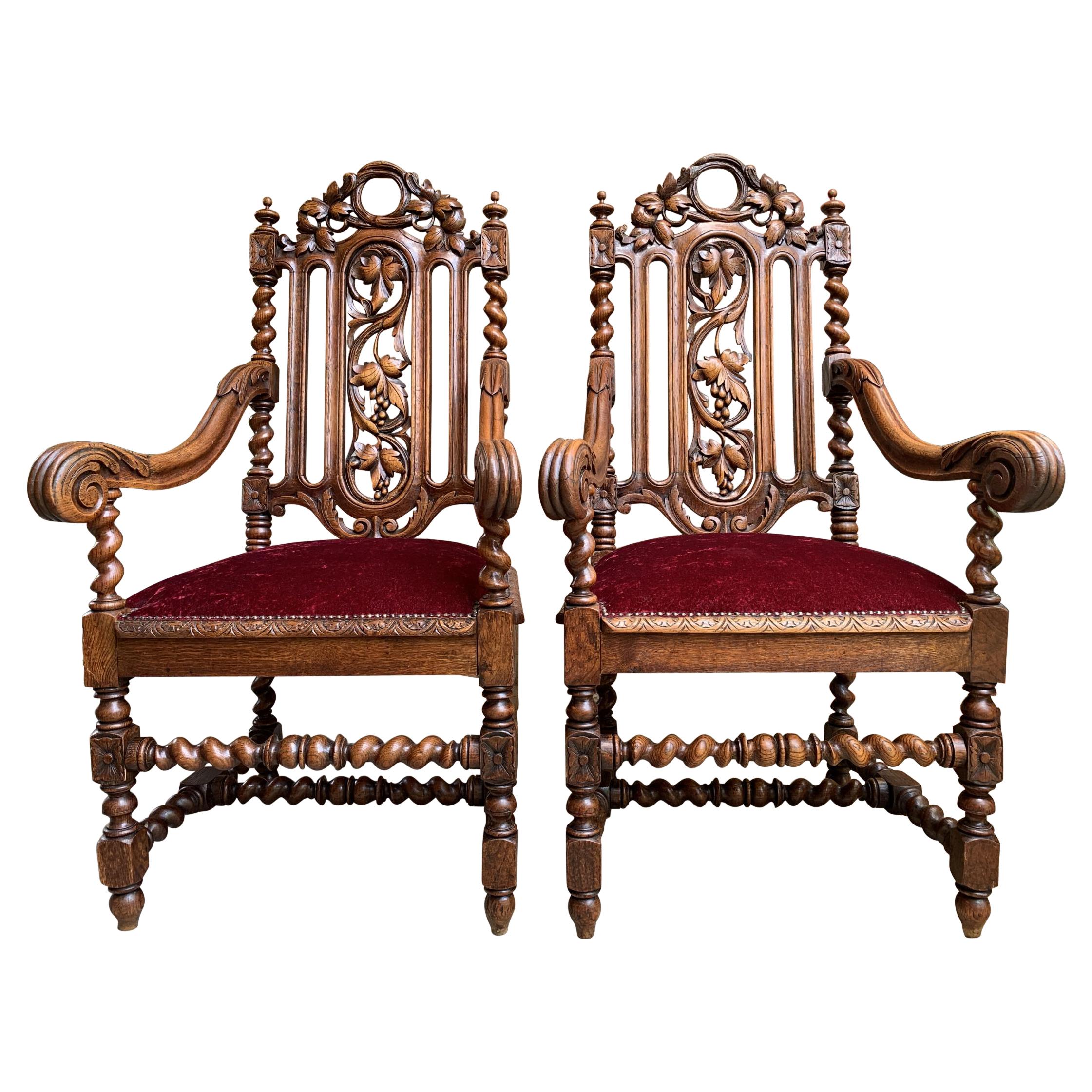 19th century PAIR French Carved Oak Arm Chair Barley Twist Louis XIII Throne