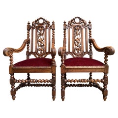 Pair Set Antique French Carved Oak Arm Chair Barley Twist Renaissance Louis XIII