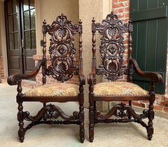 Set of French Carved Oak Dining Throne Armchair Louis XIV Renaissance, Pair