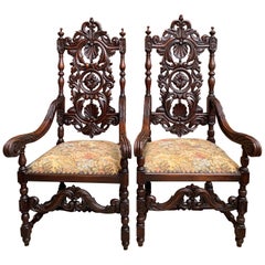 Antique Set of French Carved Oak Dining Throne Armchair Louis XIV Renaissance, Pair