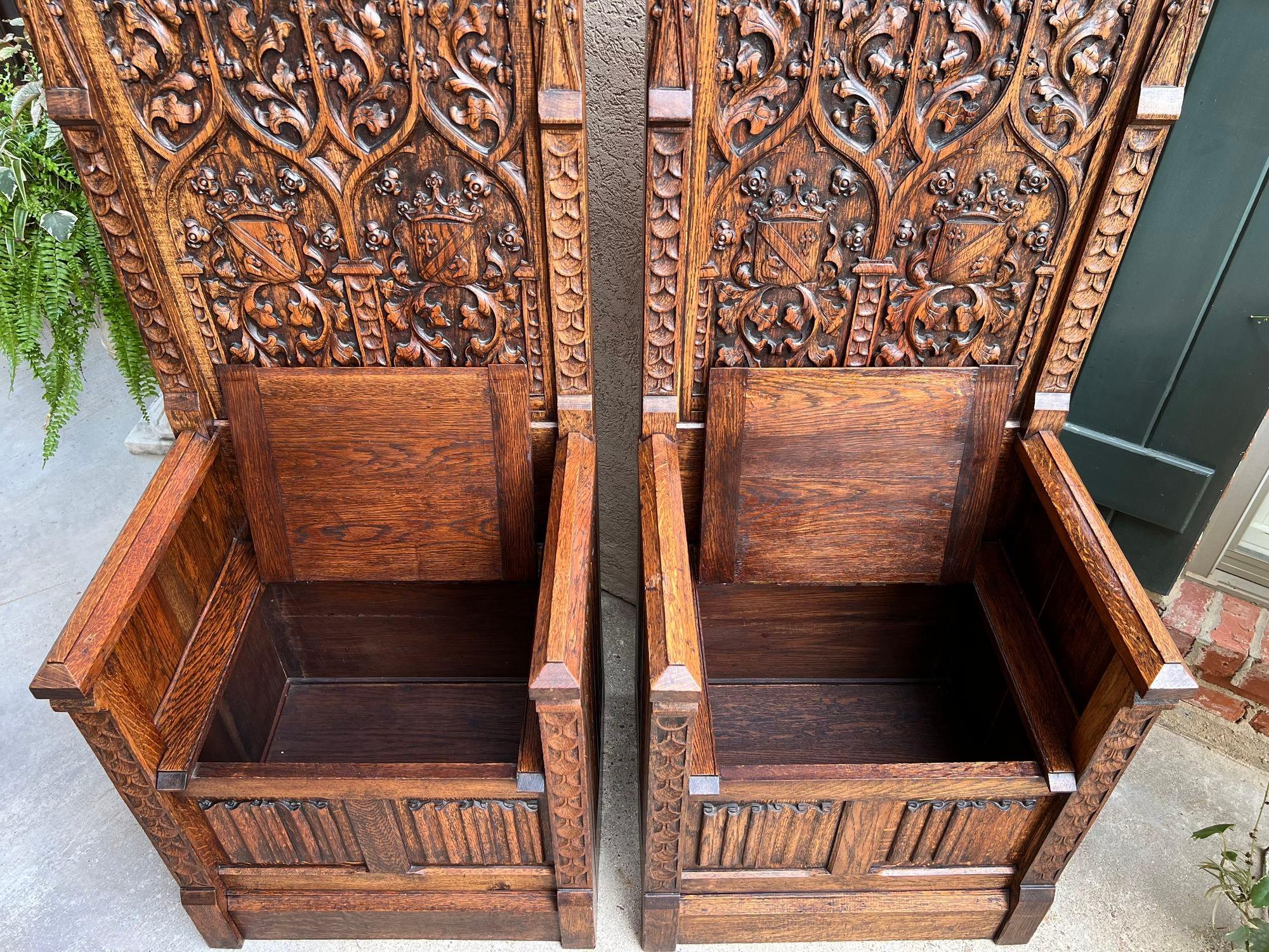 PAIR SET Antique French Hall Bench Gothic Revival Throne Altar Chairs Carved Oak 6