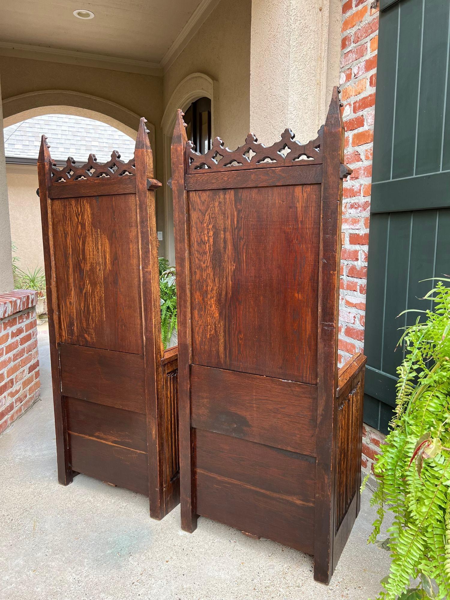 PAIR SET Antique French Hall Bench Gothic Revival Throne Altar Chairs Carved Oak 8