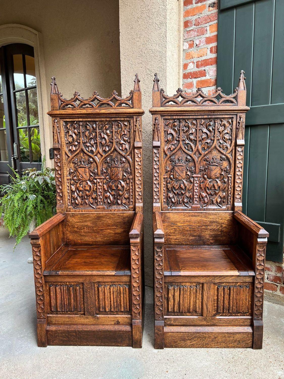 PAIR SET Antique French Hall Bench Gothic Revival Throne Altar Chairs Carved Oak For Sale 9