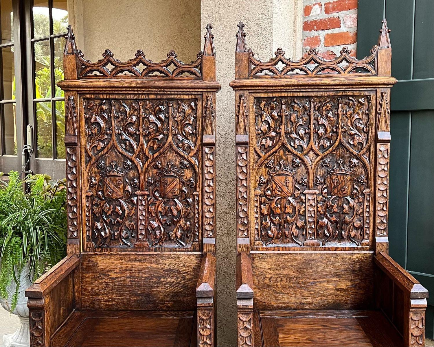 PAIR SET Antique French Hall Bench Gothic Revival Throne Altar Chairs Carved Oak 9