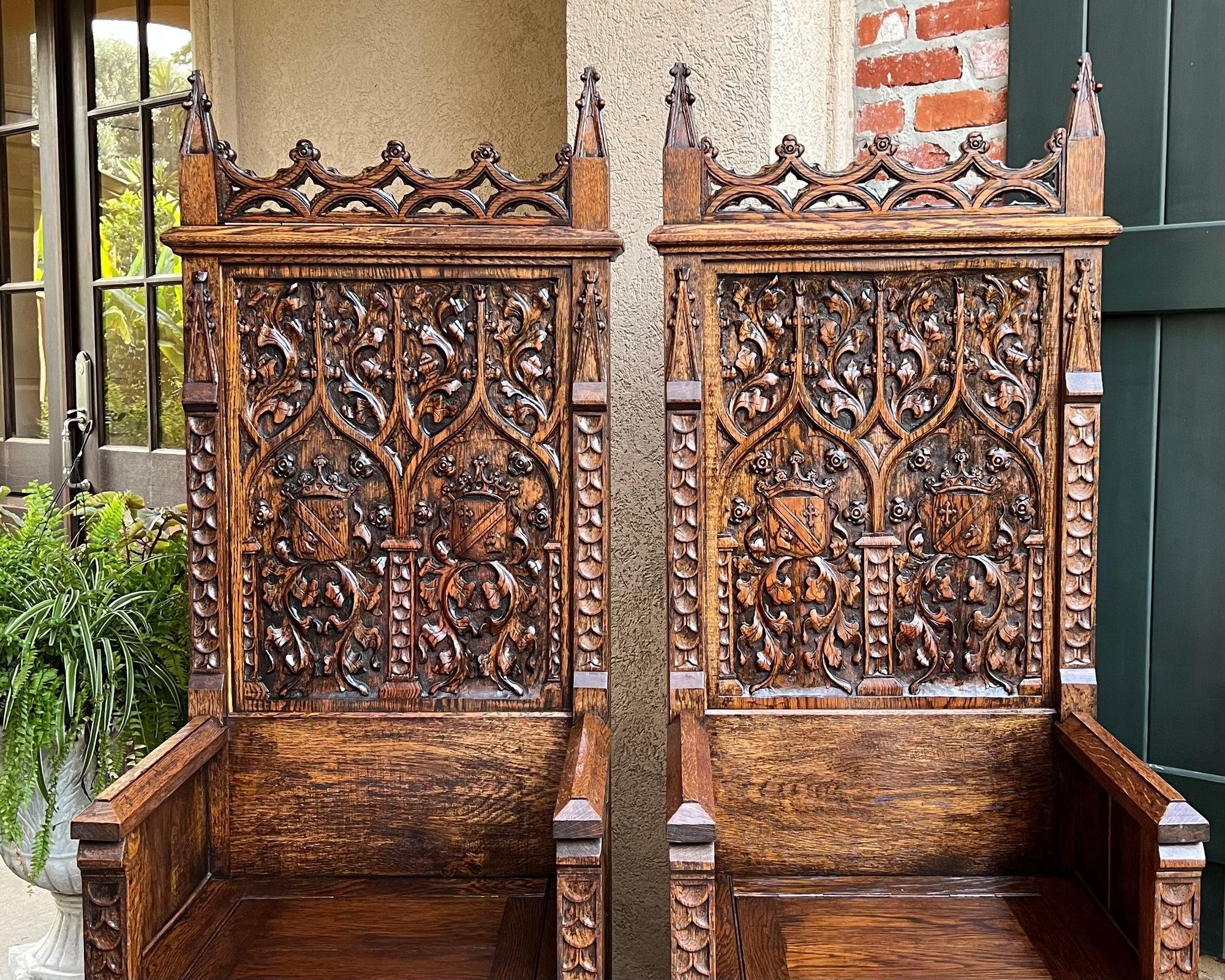 PAIR SET Antique French Hall Bench Gothic Revival Throne Altar Chairs Carved Oak 10